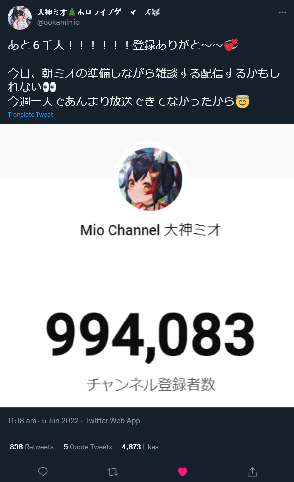 Mio is nearly at 1 million subs! r/Hololive