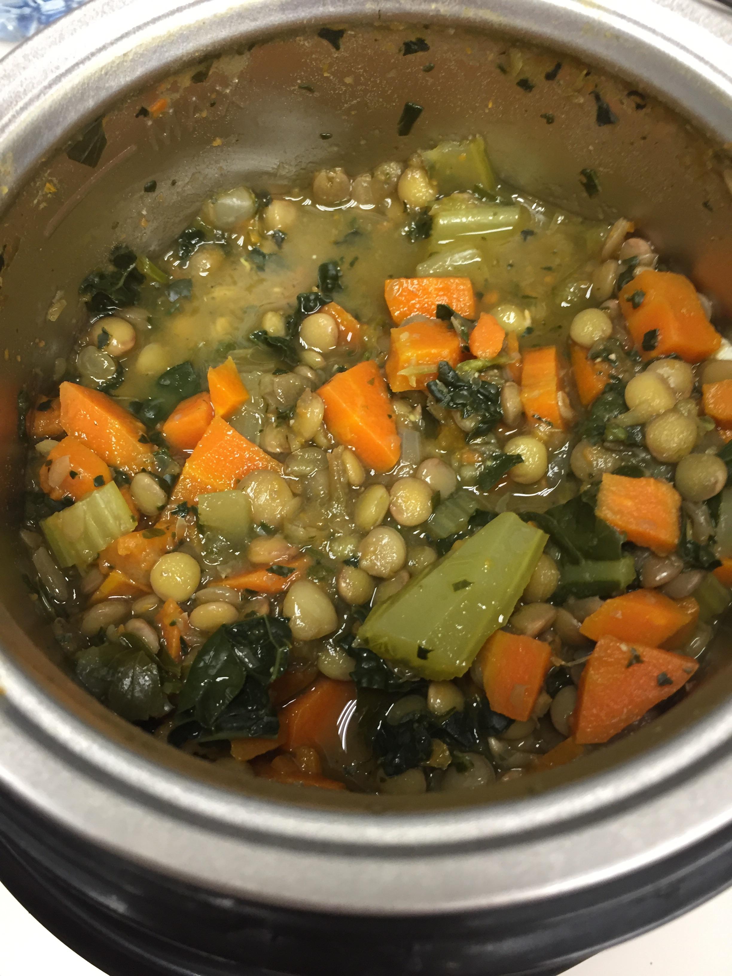 Lentil Kale Soup. So delicious and a big bowl is about 320 calories