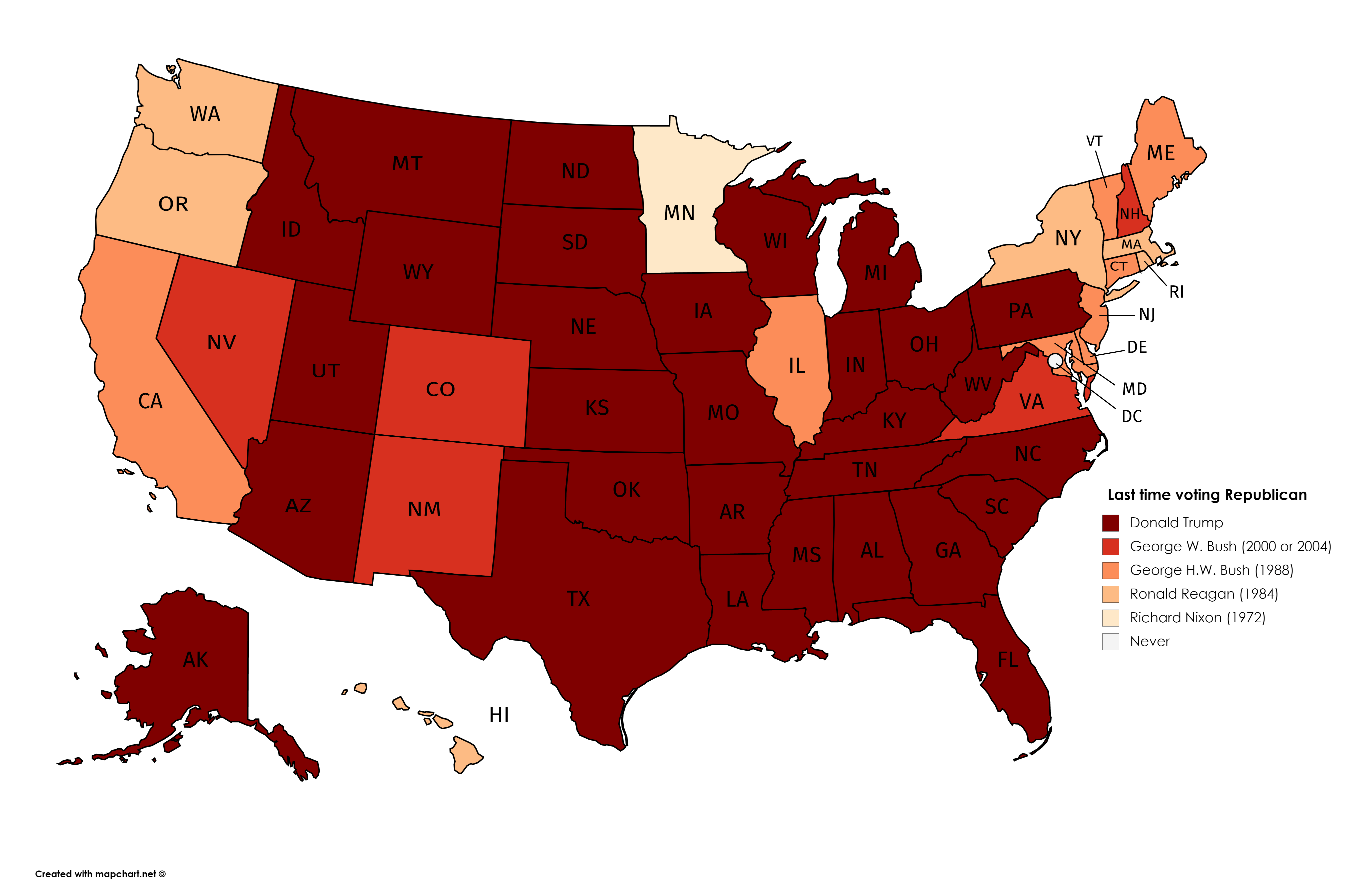 The last time each US state voted Republican for President [5400x3585