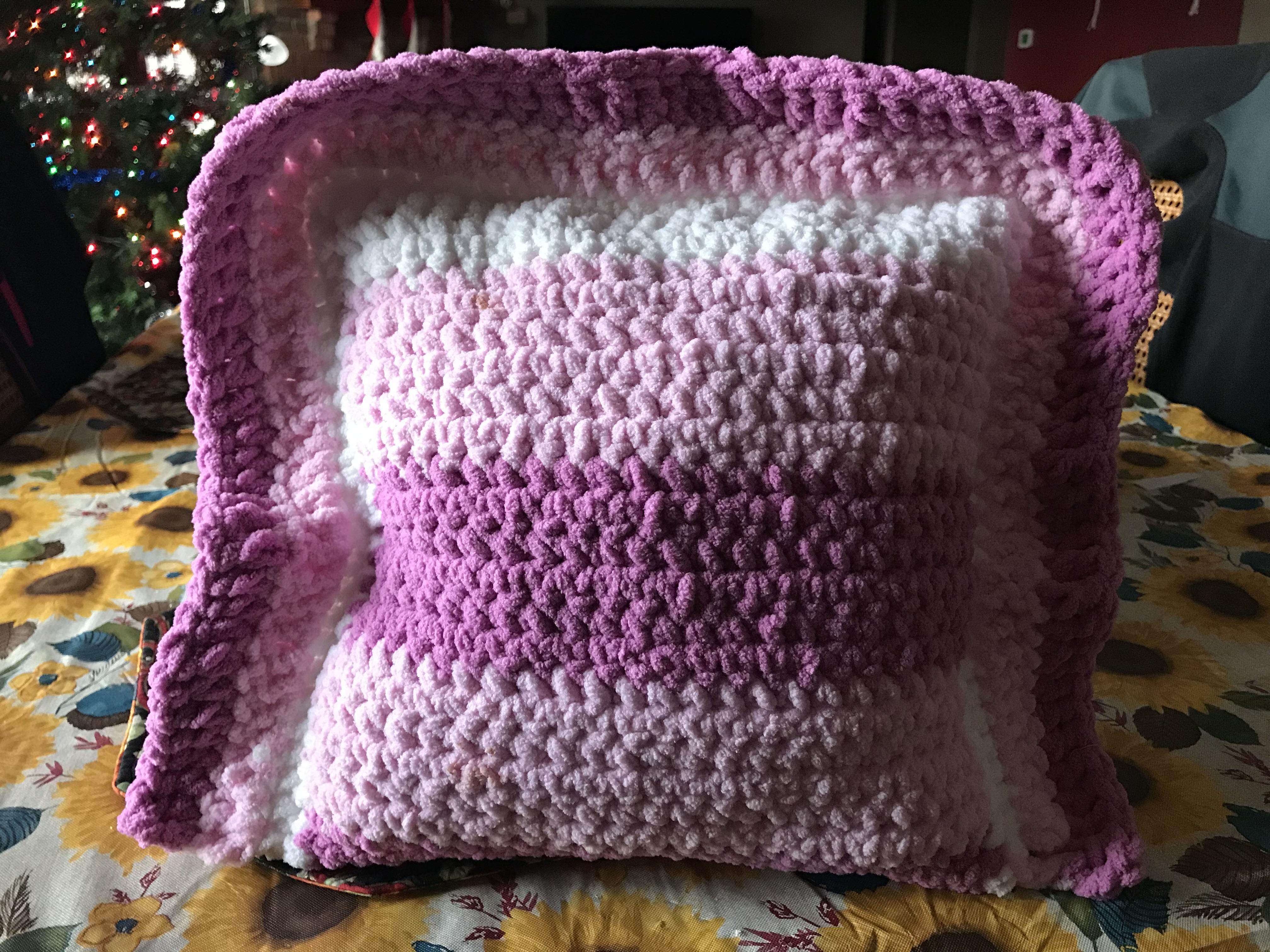 Scrap Yarn pillow for my little to use on her mini couch. r/crochet
