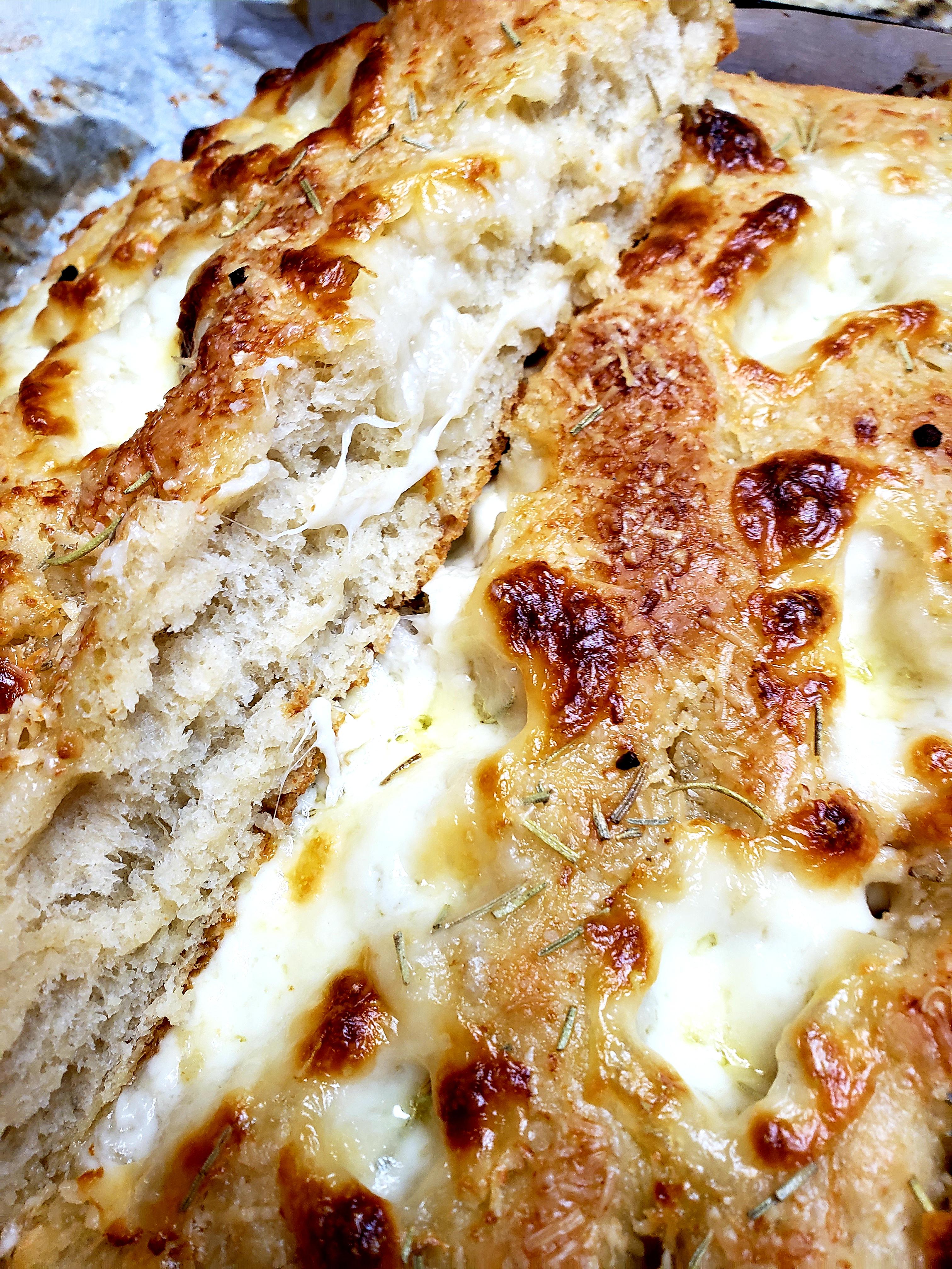 I made Focaccia with Rosemary, Garlic, Parmesan, and Fresh Mozzarella