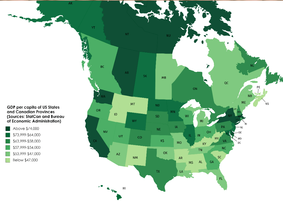 GDP per capita of US States and Canadian Provinces (Sources StatCan