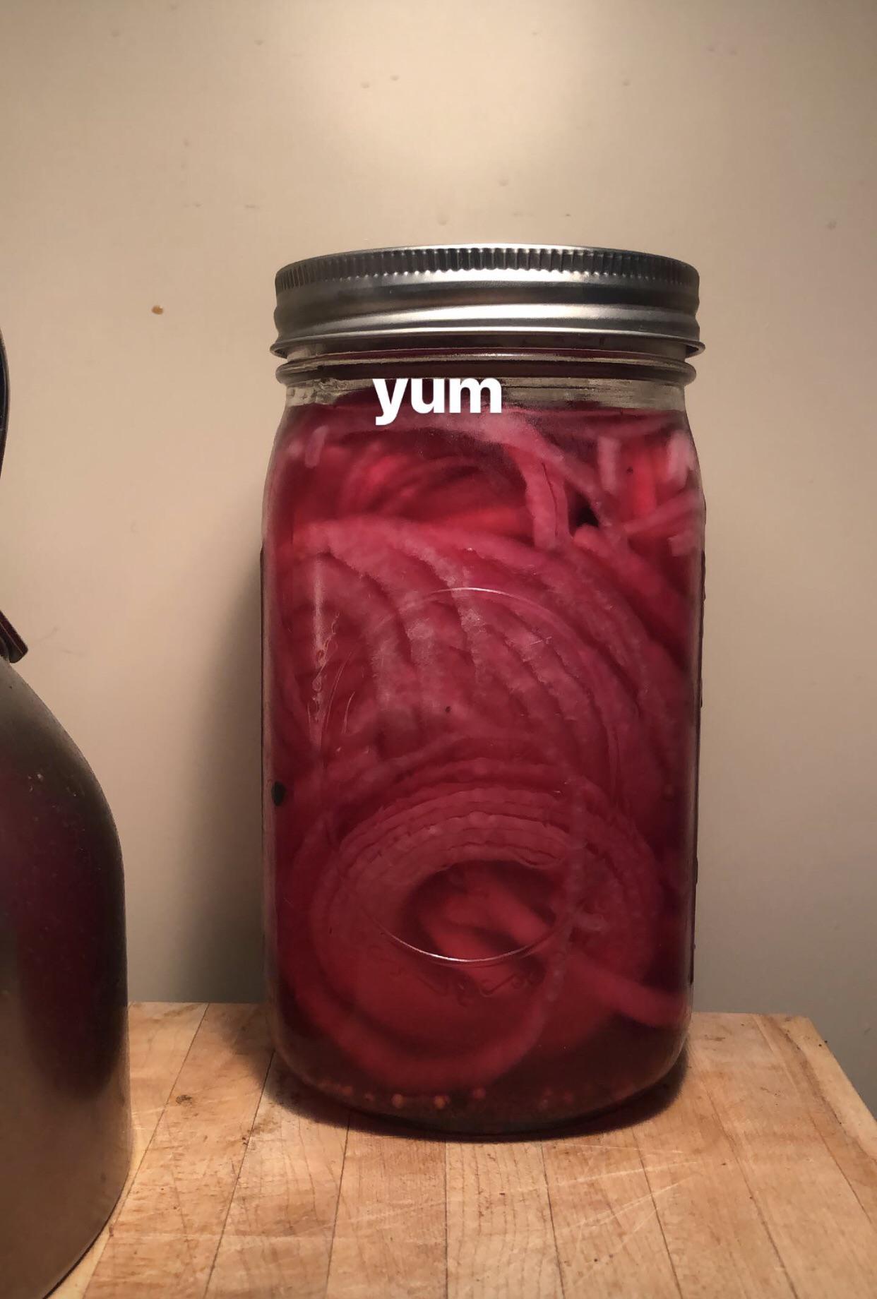 rice vinegar quick pickle onion w/garlic, coriander, peppercorn