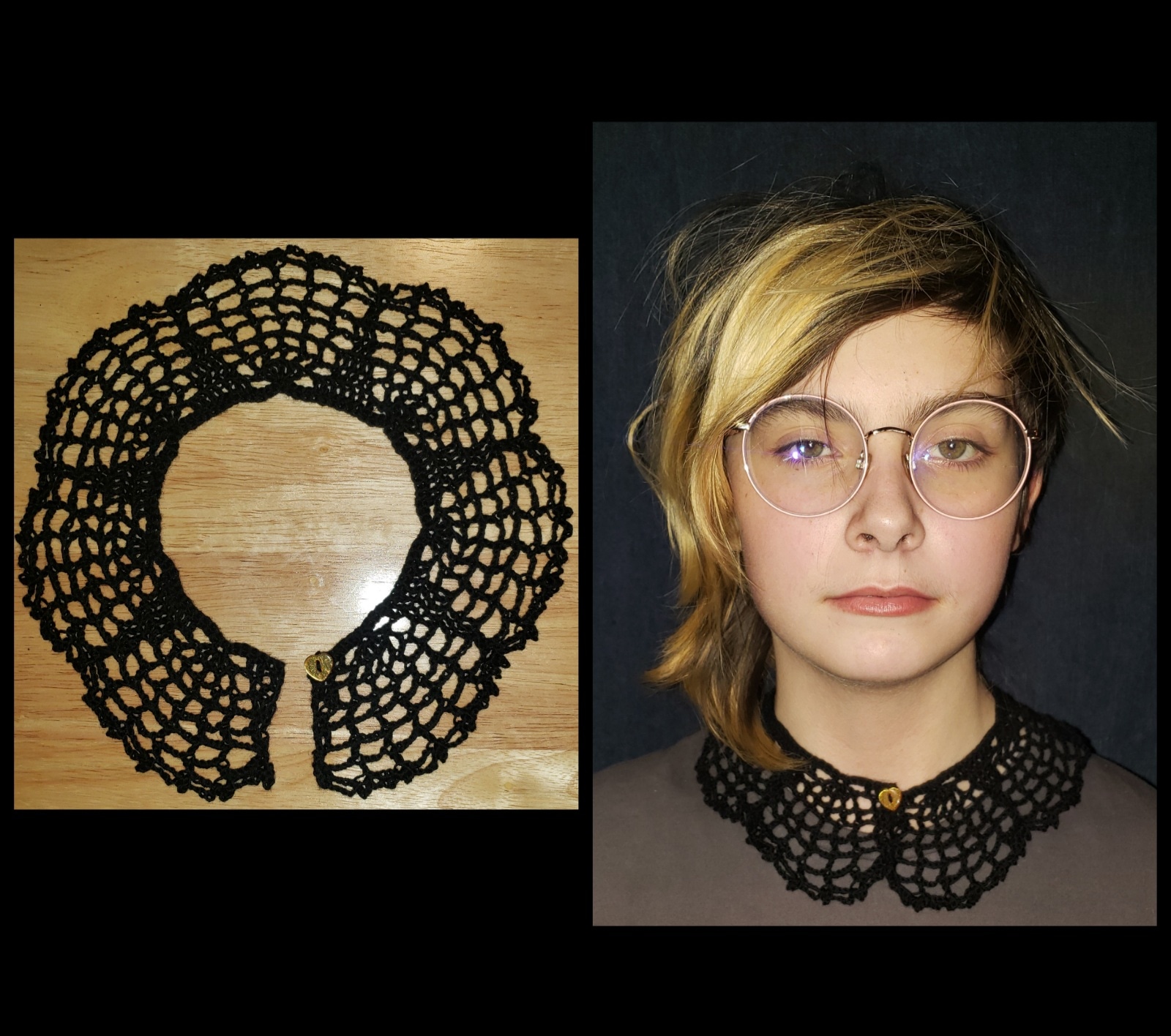 Made my kid a spiderweb collar, they chose an orange heart button for