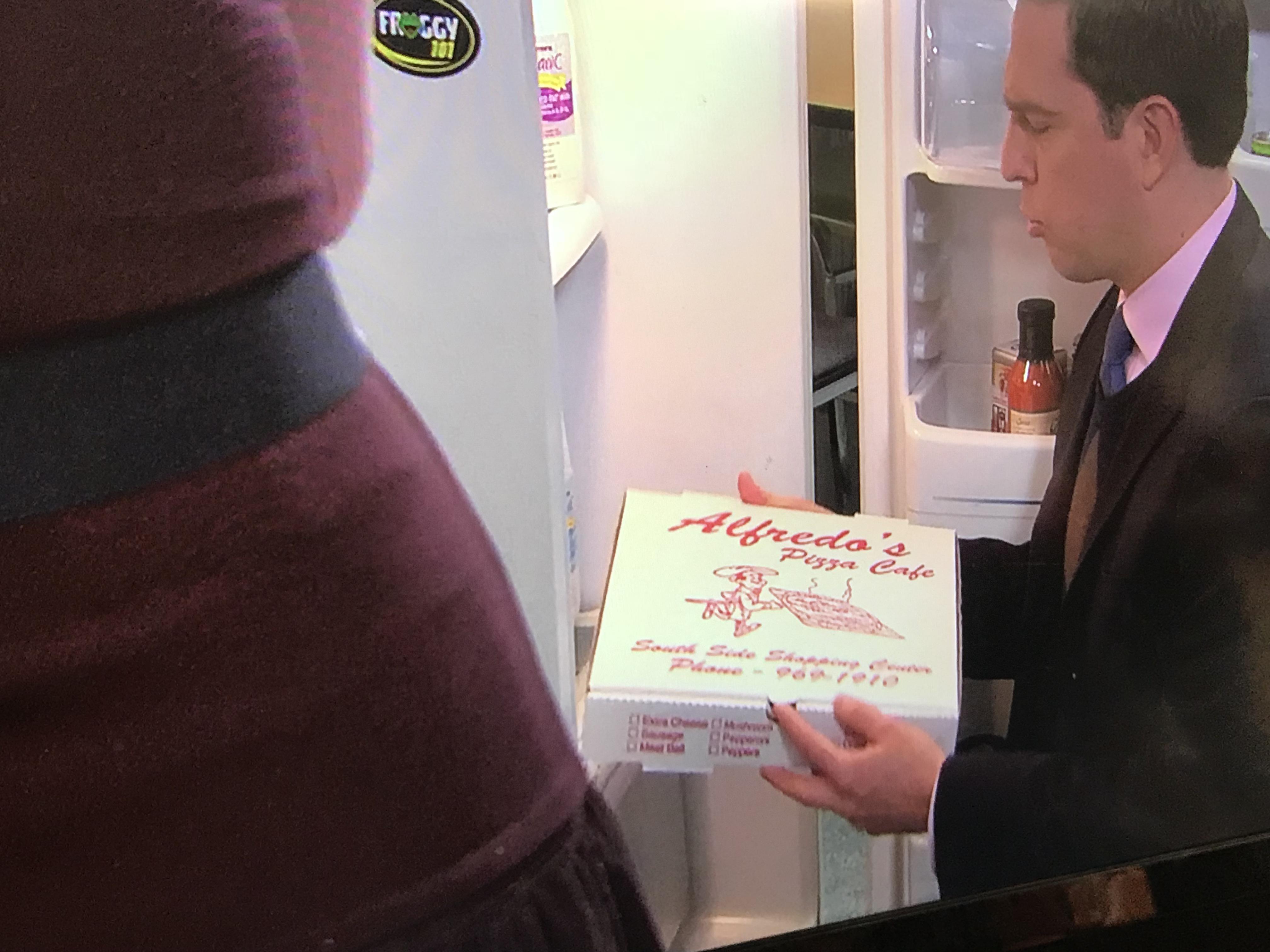 In s06ep15 of The Office there’s is a box from Alfredo’s Pizza Cafe