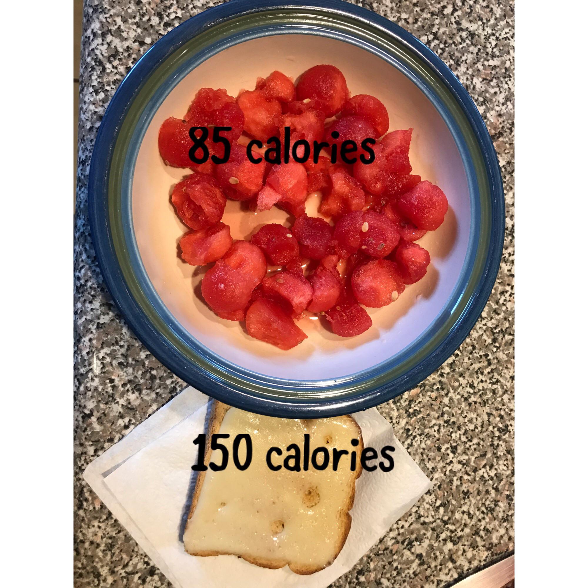 Nice afternoon snack. 235 calories. (280 grams watermelon, small slice