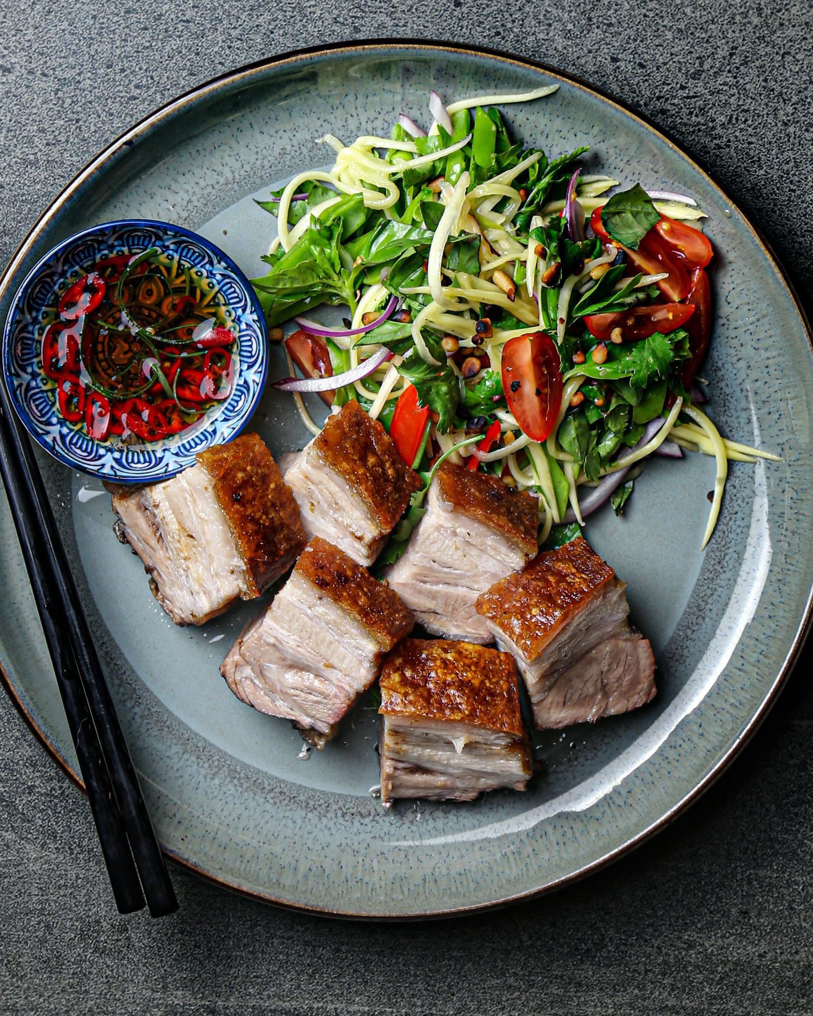 [Homemade] Pork Belly with Spicy Green Mango Salsa r/food