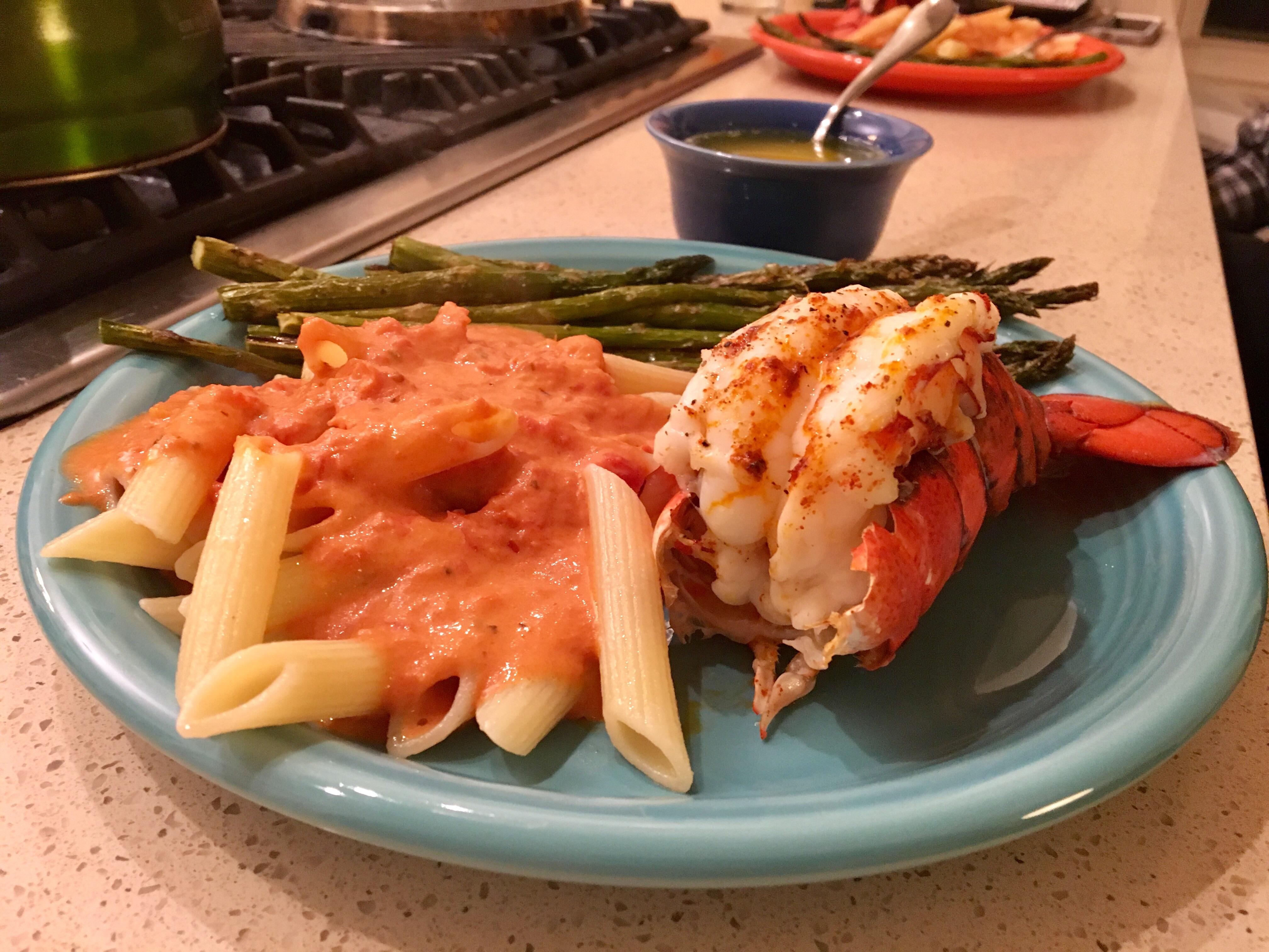 [Homemade] Lobster tail, penne pasta with vodka sauce & roasted
