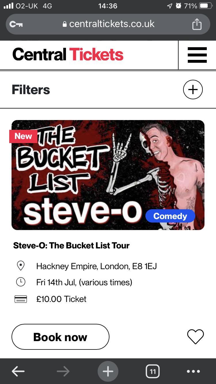 Cheap Tickets (£10) for SteveO Bucket List Taping r/jackass