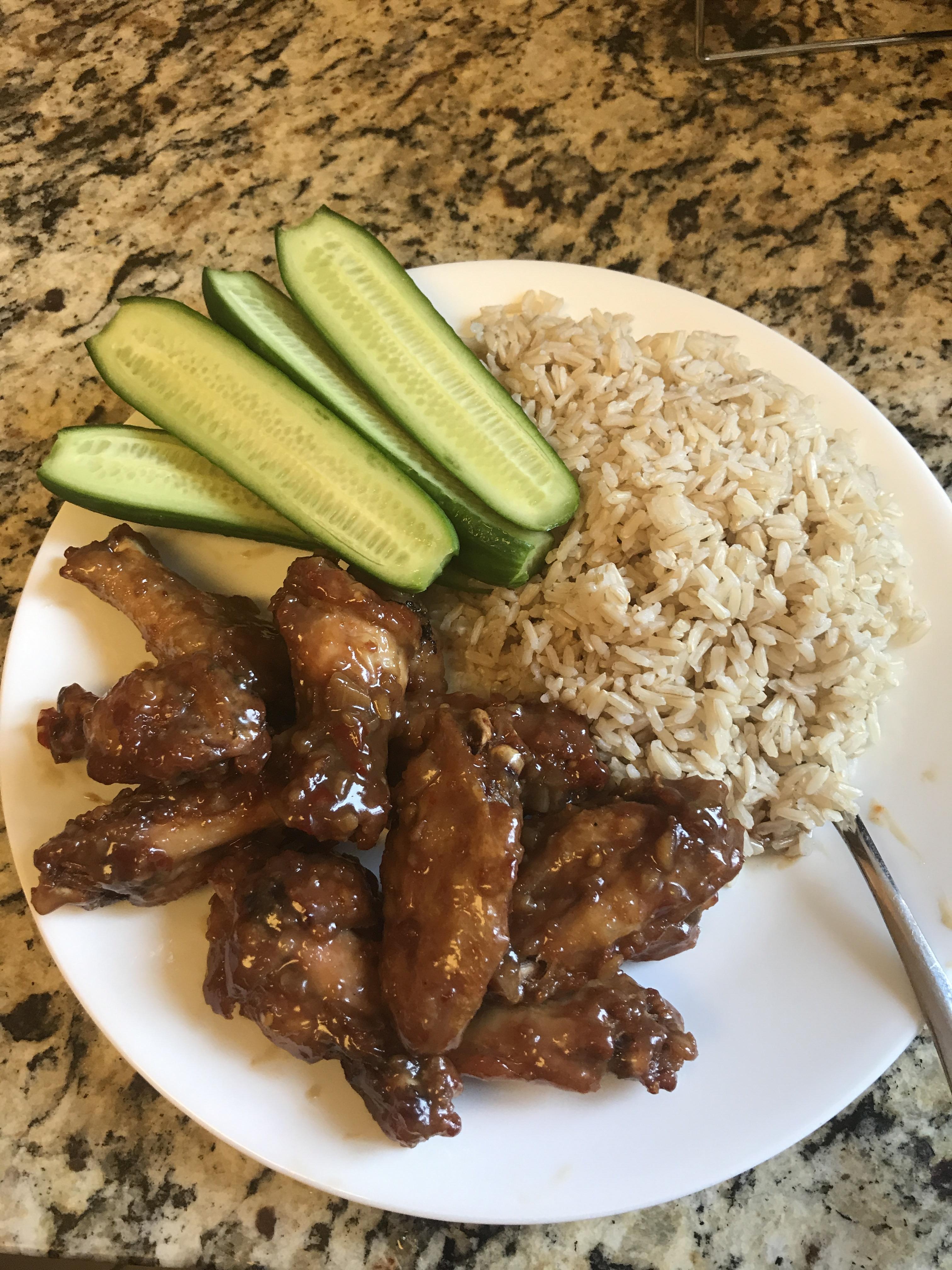 [Homemade] Thai spicy garlic wings with brown rice and Persian