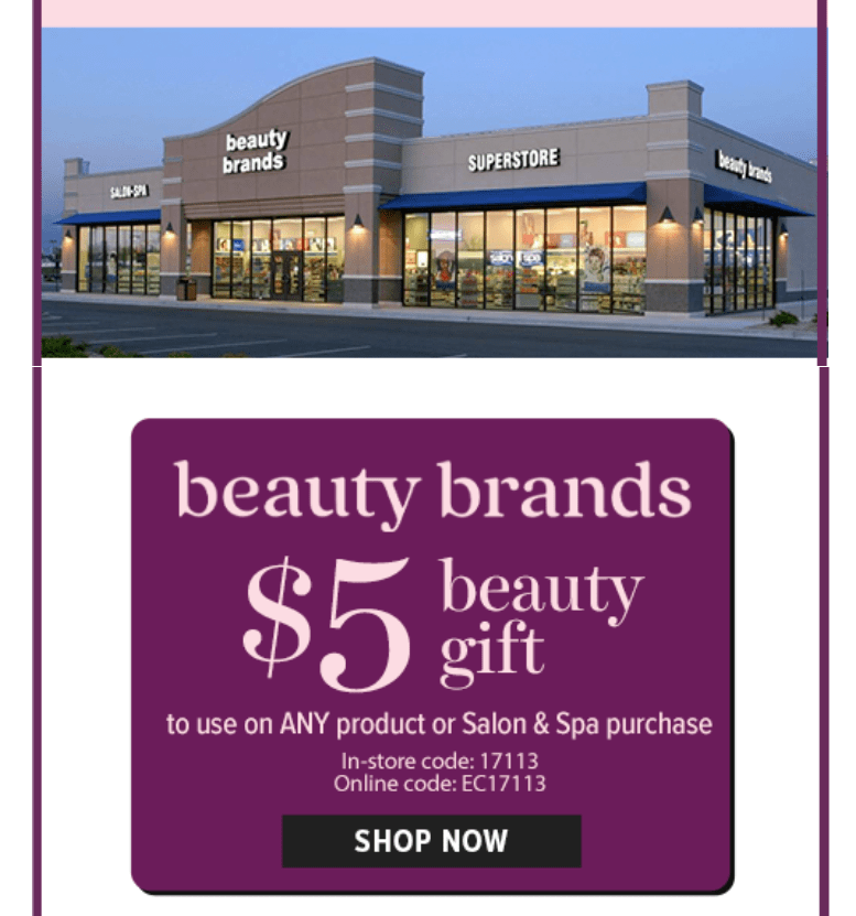 Beauty Brands 5 off in store or online, free US shipping at 15 BEFORE coupon, includes sale