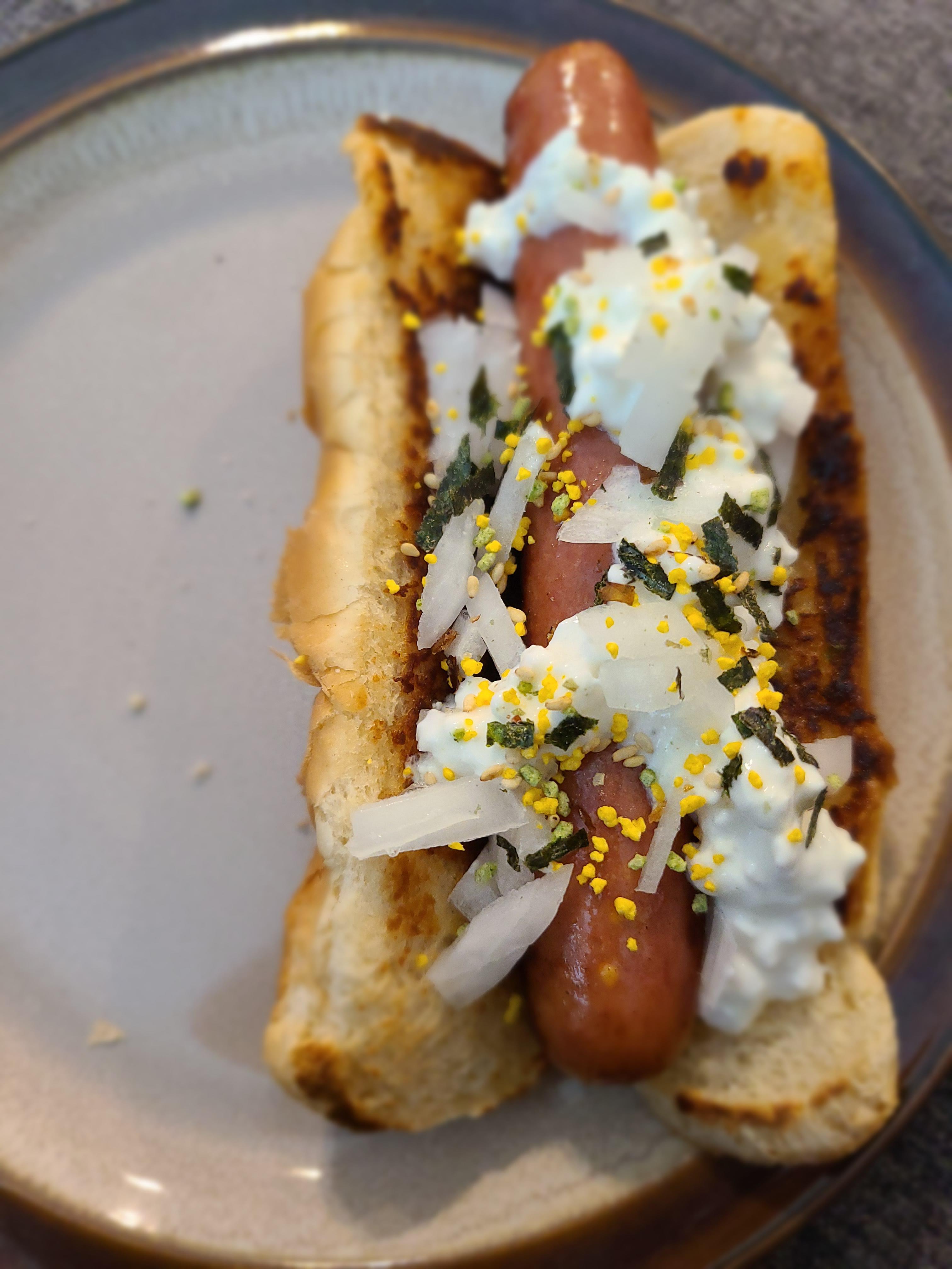 Beef and cheese dog with cottage cheese, furikake, and raw onion r