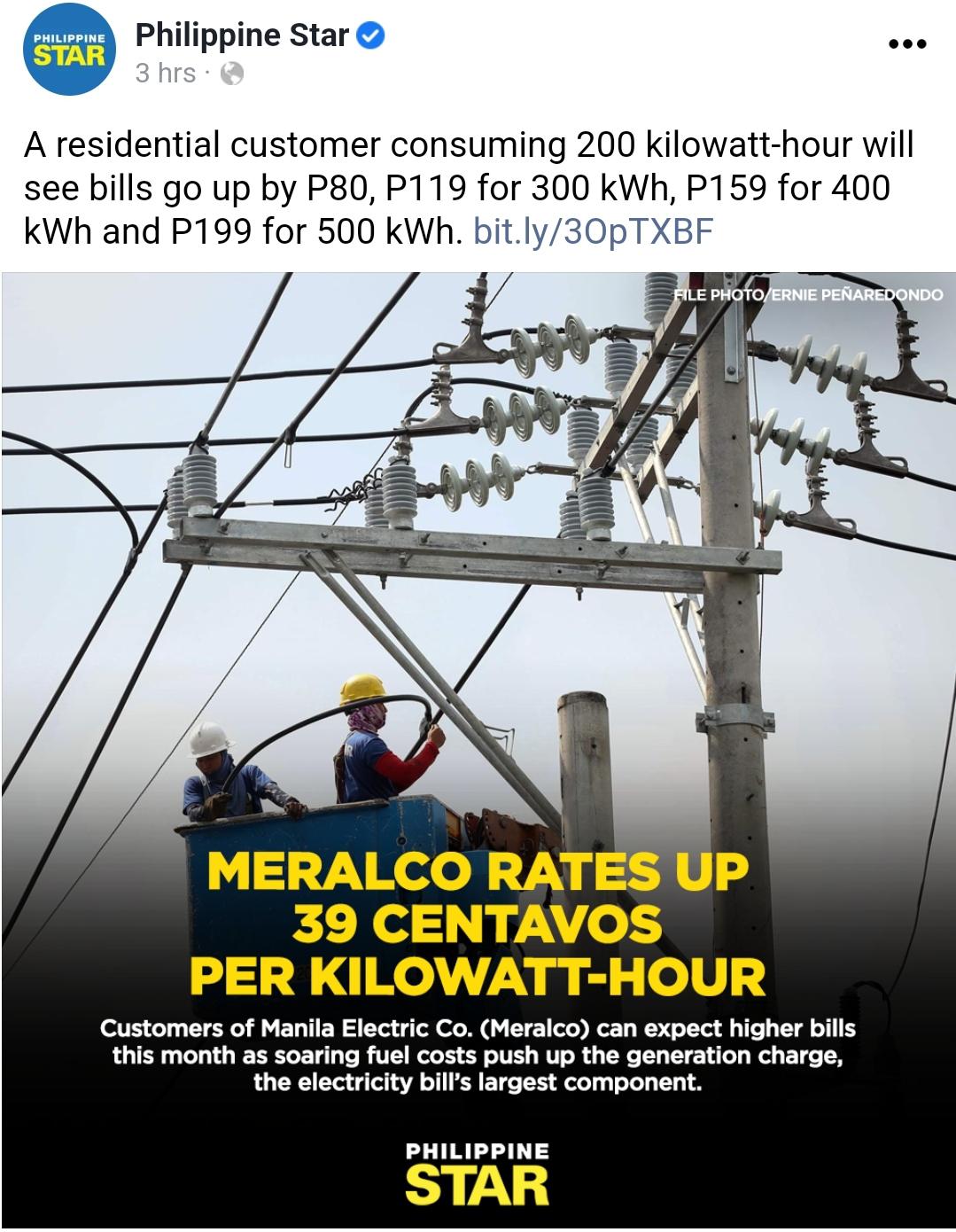 Meralco rates up 39 centavos per kilowatthour Philippines