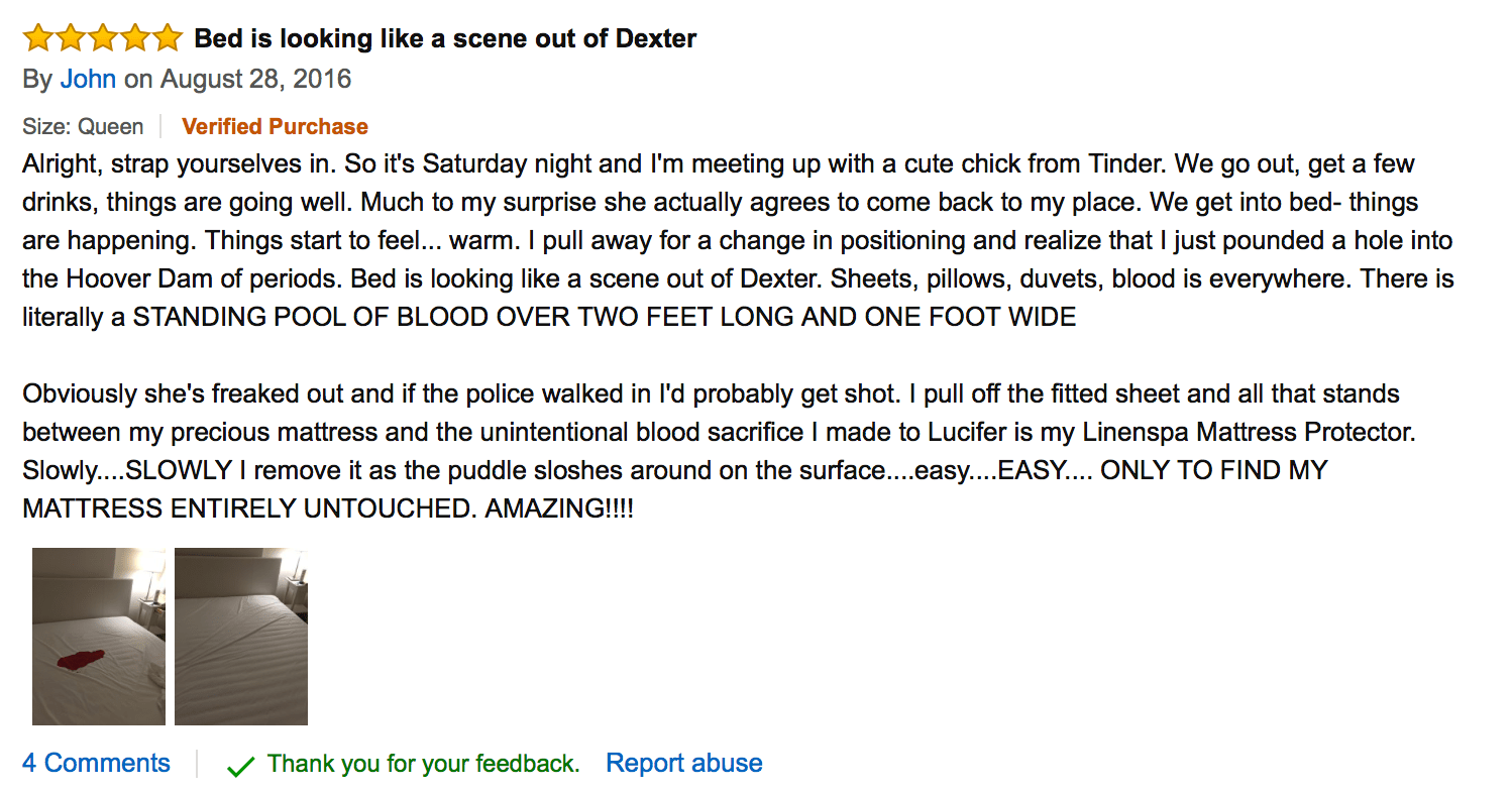 Looking for a mattress protector and came across this review... r/funny