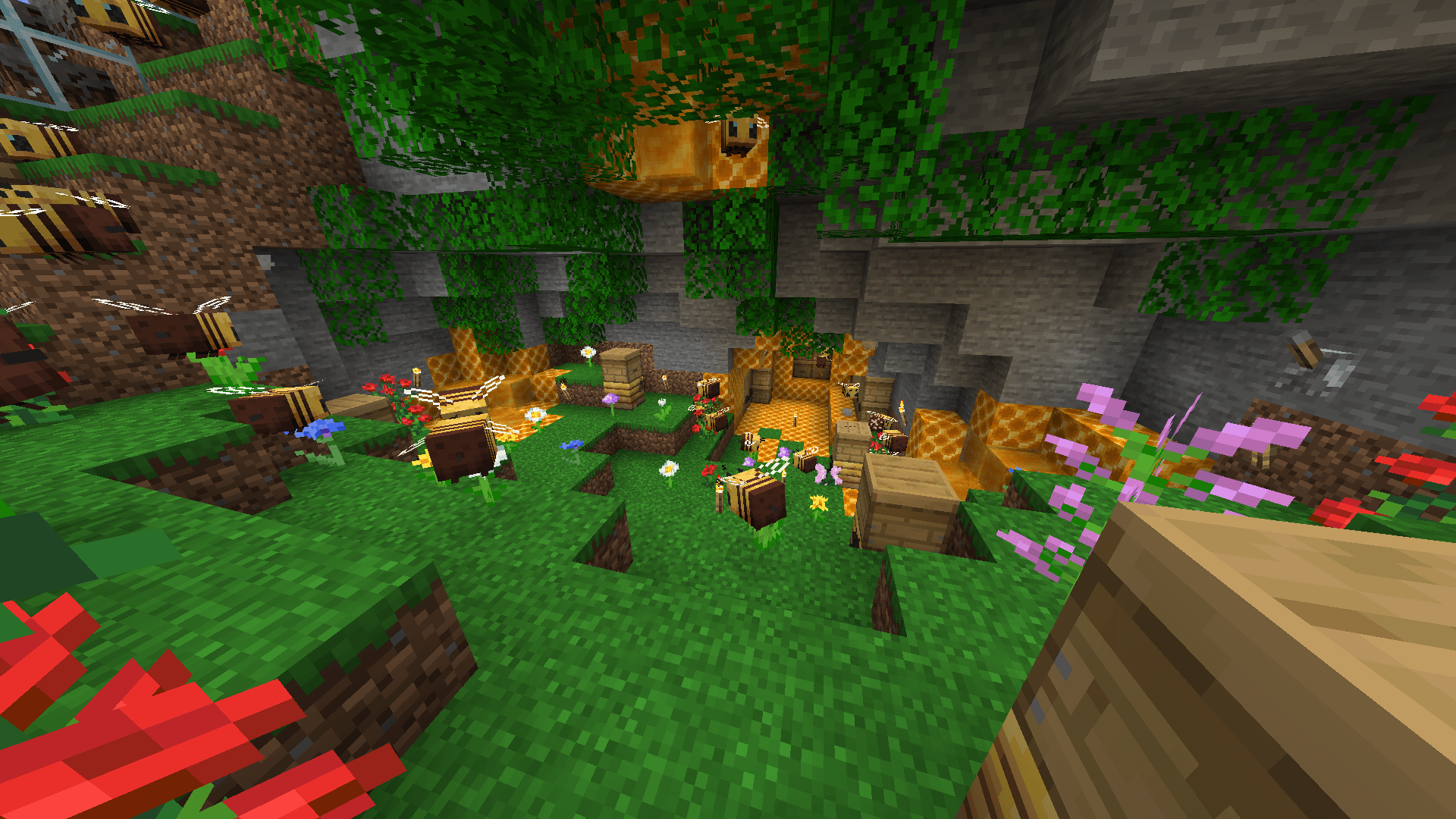 Built a bee cave in my survival world for all my bee needs r/Minecraft