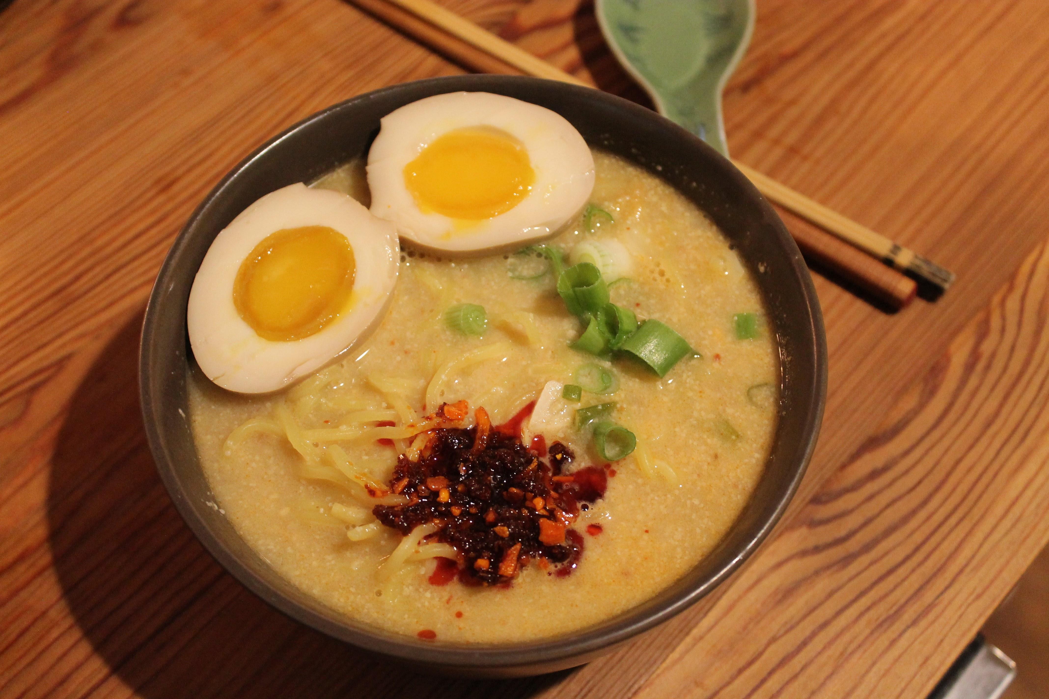 [Fresh] Homemade miso chicken w/marinated egg & garlicchile paste. My