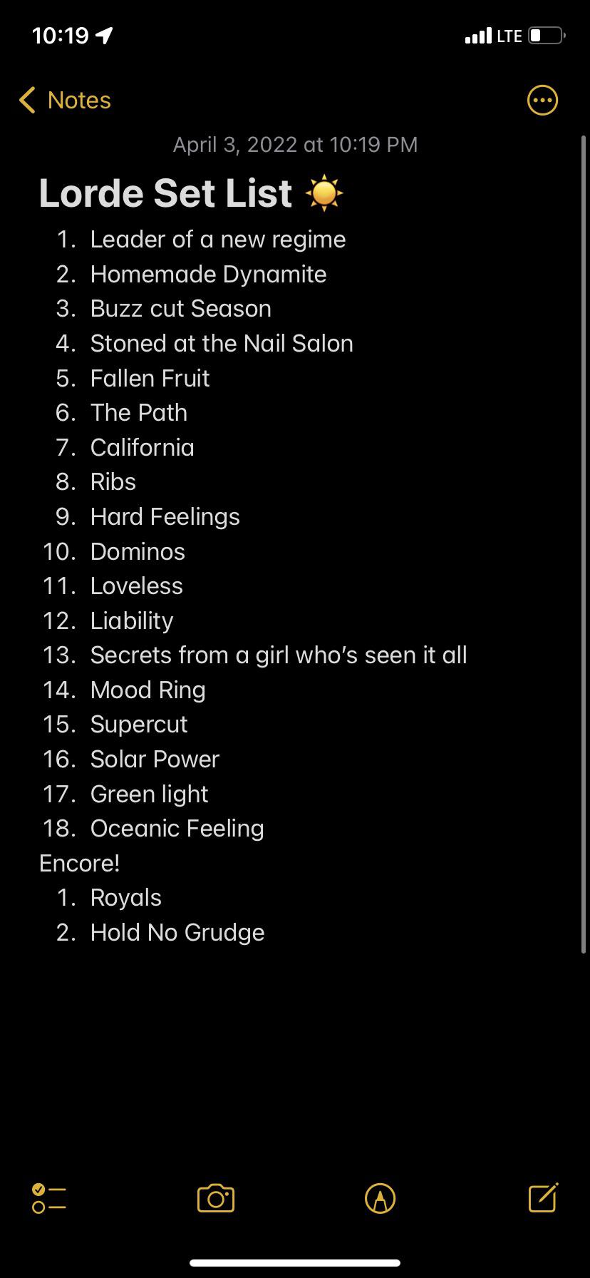 Solar Power tour set list! r/lorde