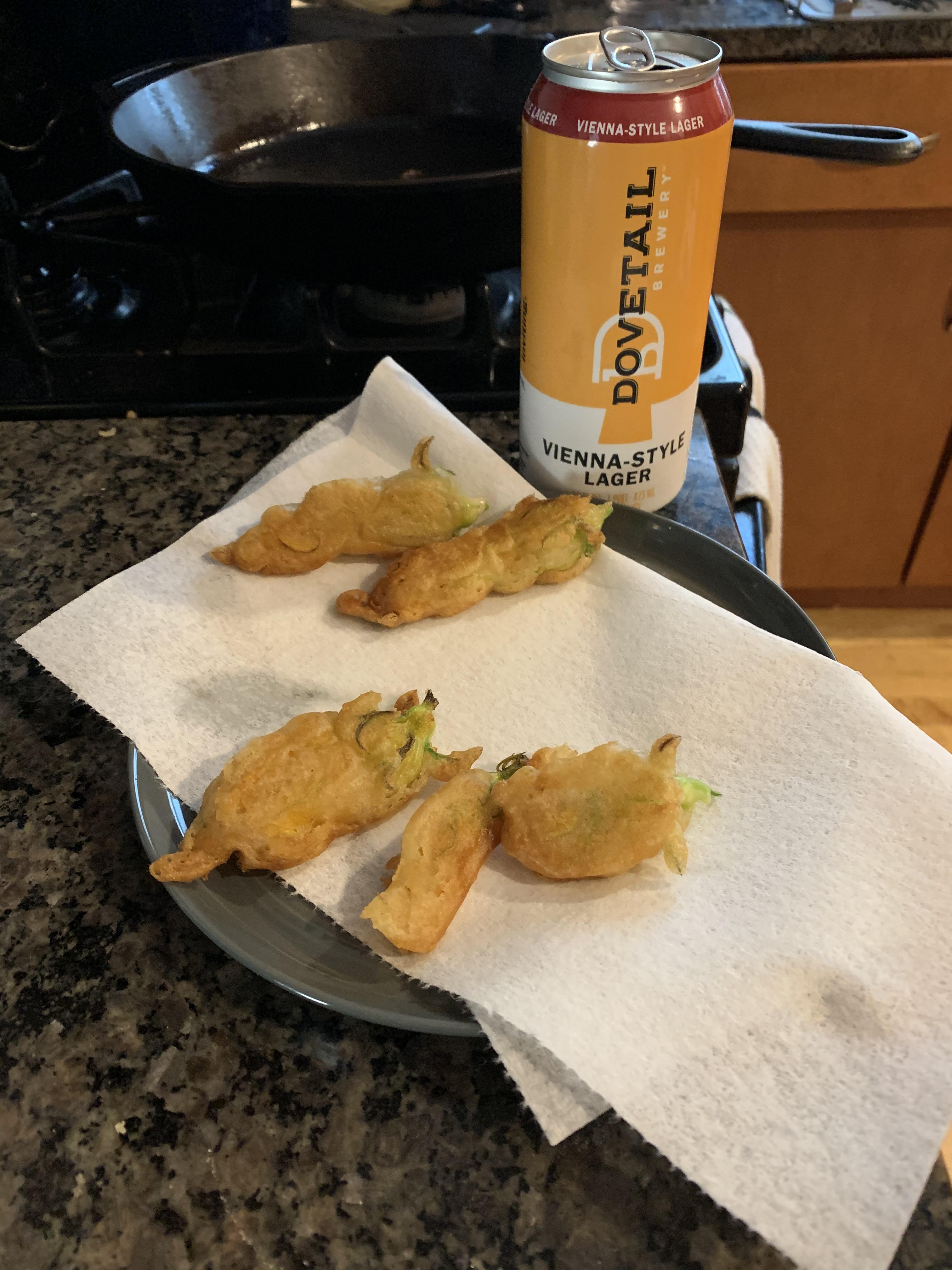 Fresh from the garden fried zucchini blossoms with Dovetail lager