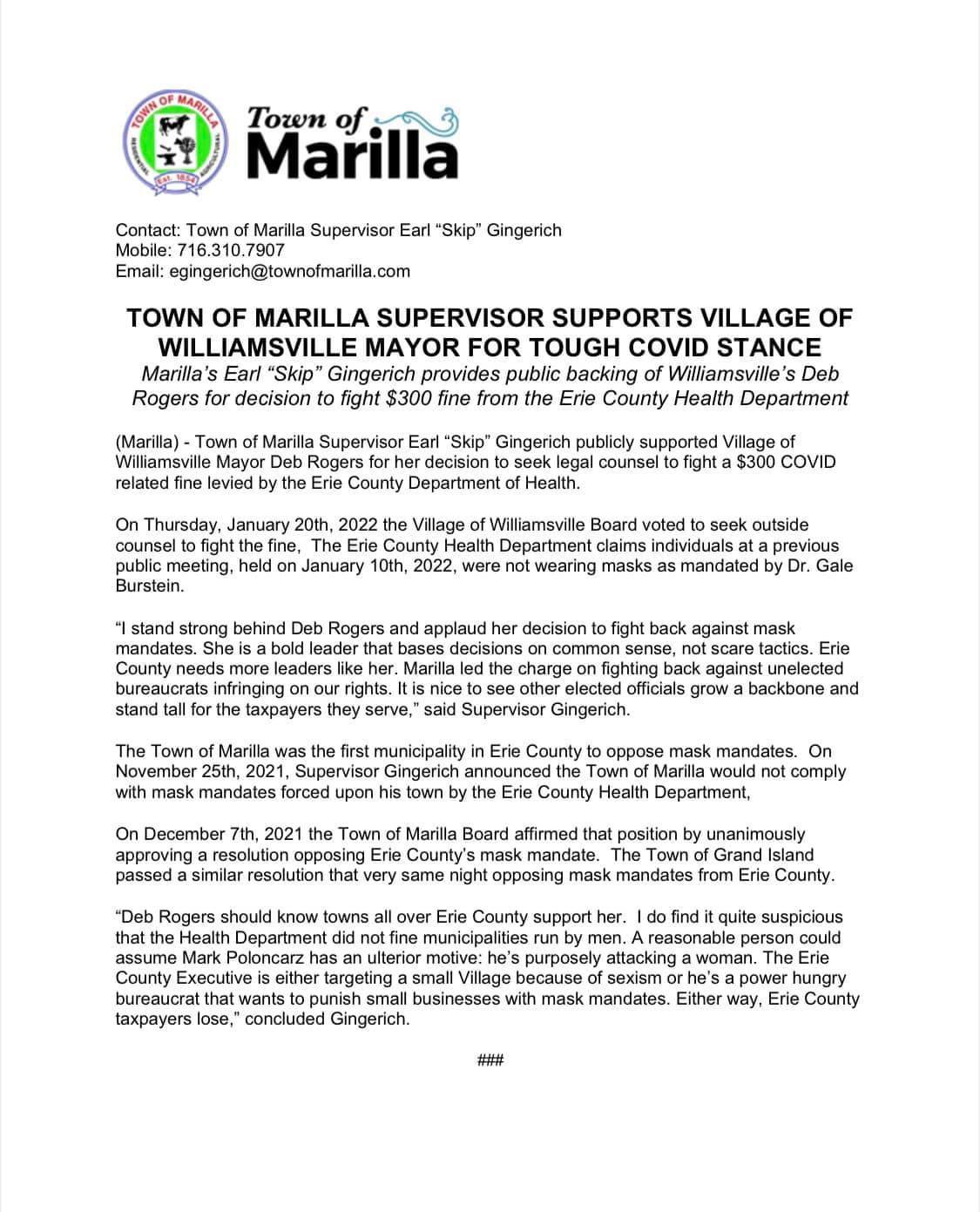 Marilla Supervisor backs Williamsville Mayor’s anti mask stance; claims