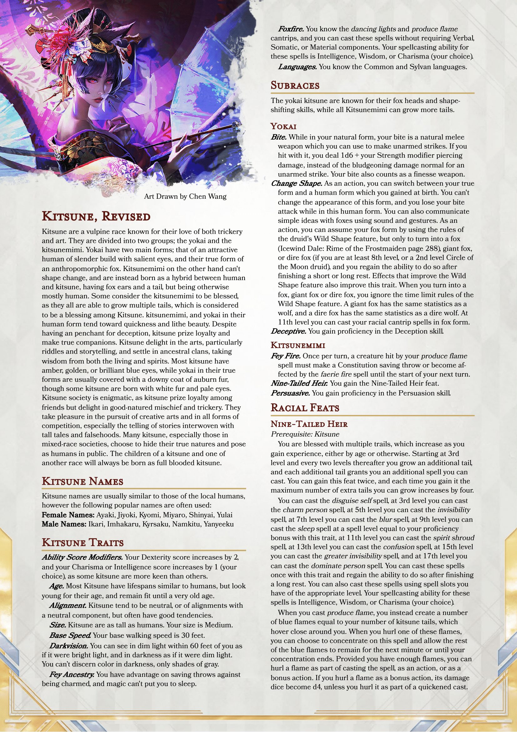 Kitsune player race, the fox says Foxfire [OC] r/DnD