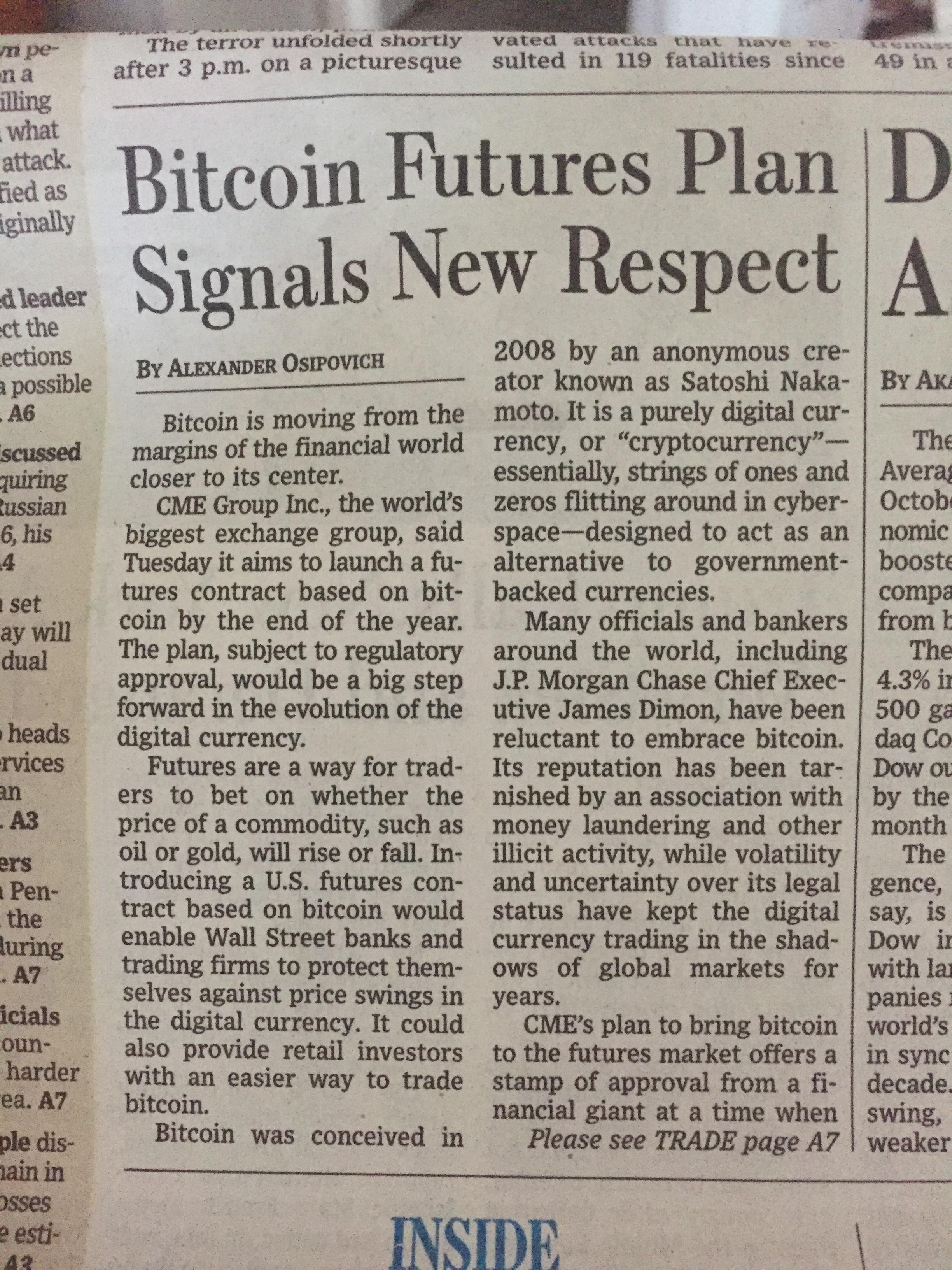 Cover of the Wall Street Journal r/Bitcoin