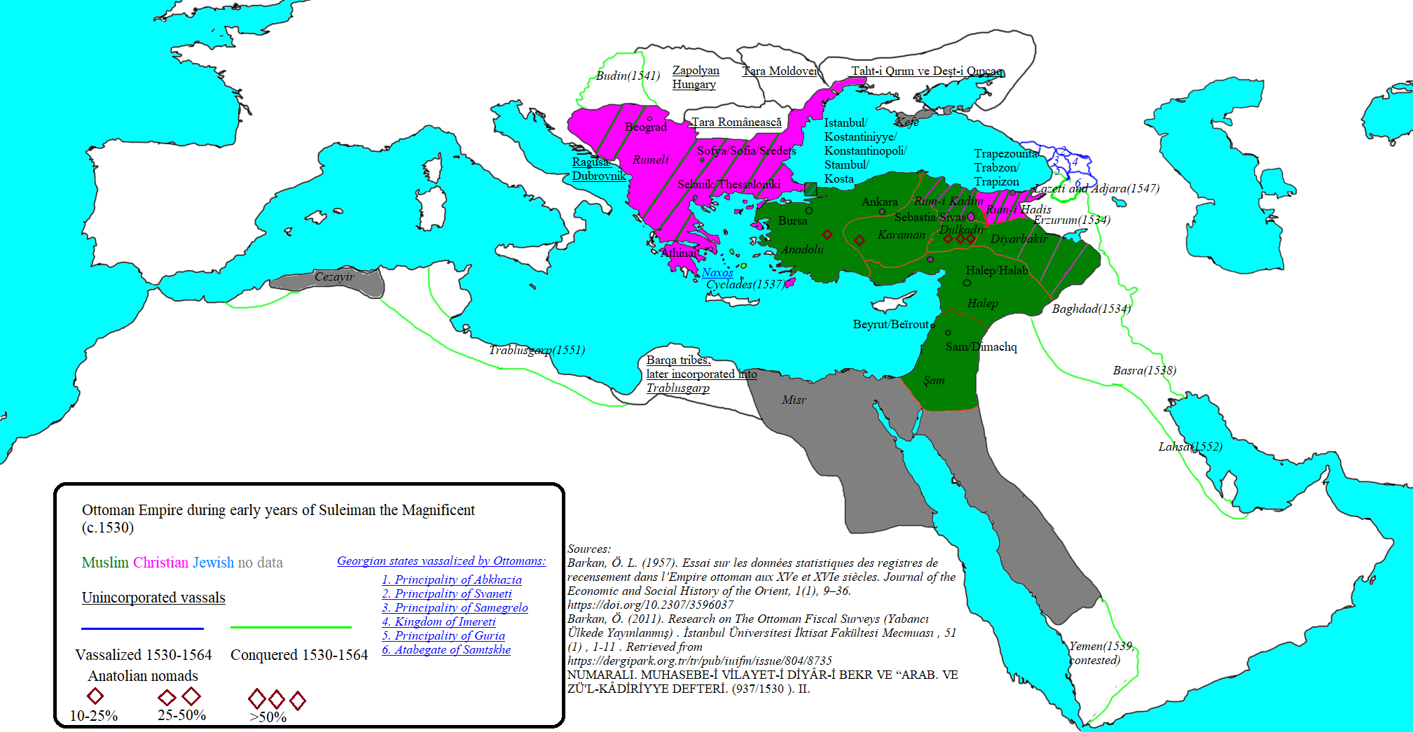 Map of Ottoman Empire under Suleiman the Magnificent, including