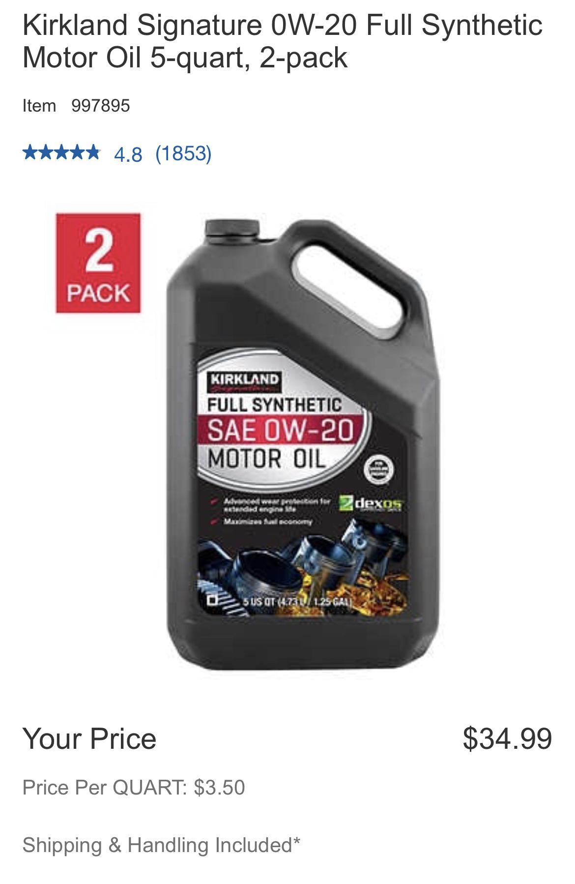 Kirkland Signature 0W20 Full Synthetic Motor Oil 5quart,, 42 OFF
