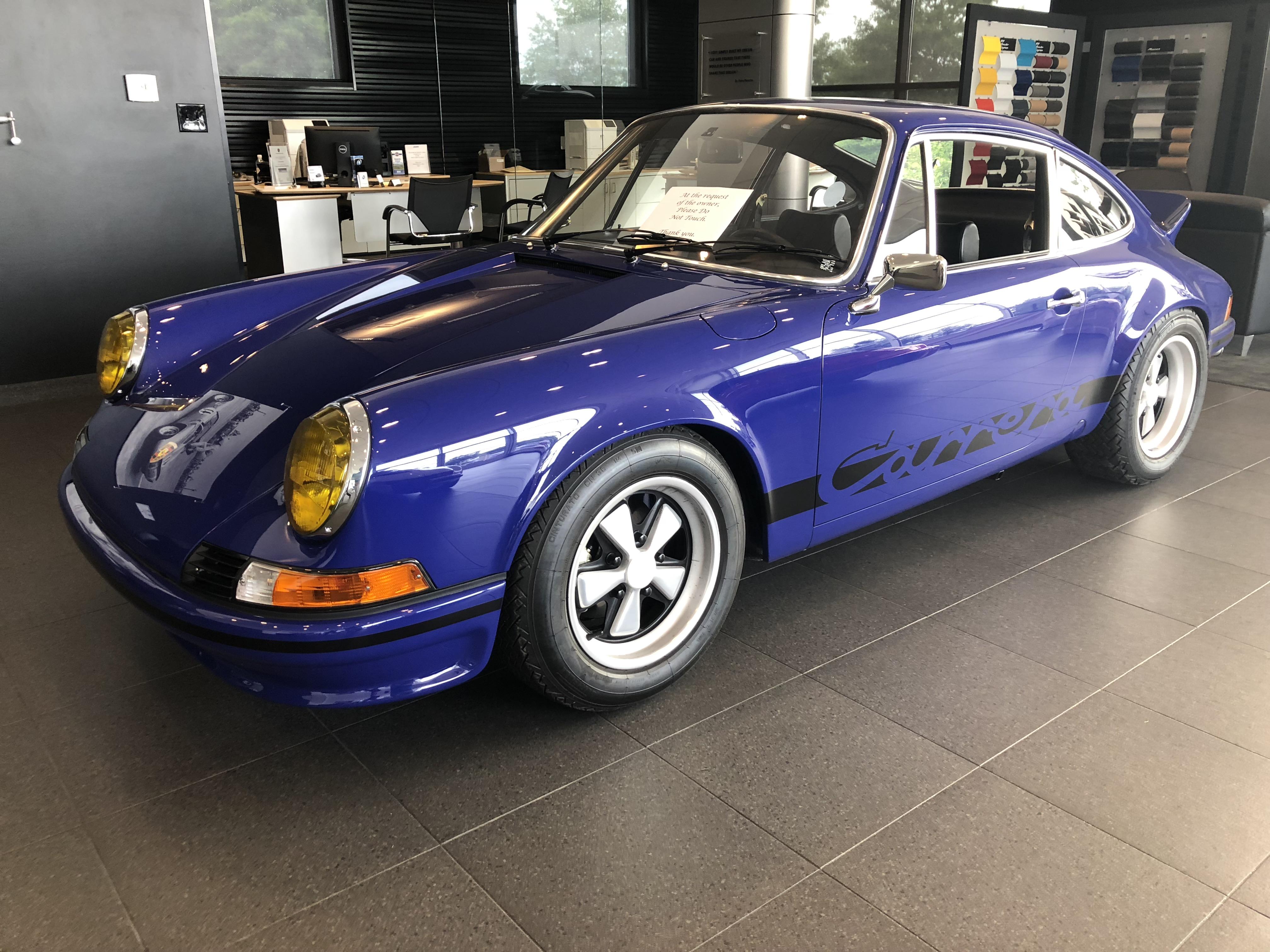 1973 Porsche 911 Carrera RS 2.7 in Dalmatian Blue displayed at my work
