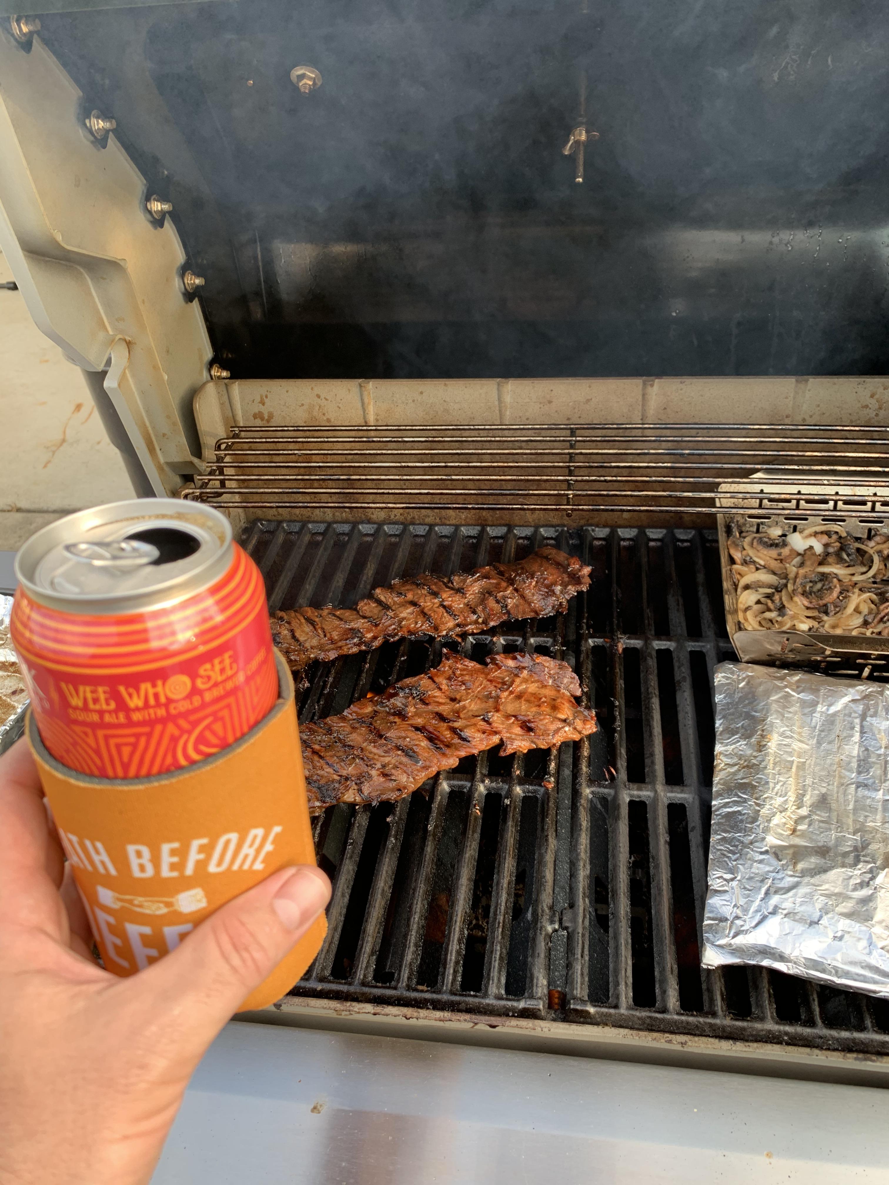 Balsamic marinated skirt steak with mushrooms and onions. Little coffee