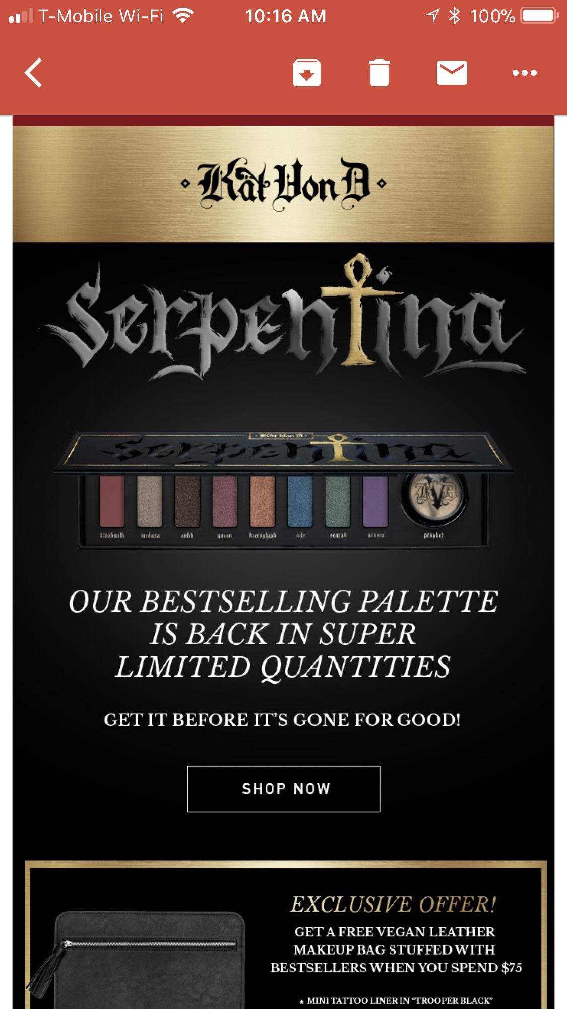KVD Serpentina back in stock + 4 free minis!! MUAontheCheap