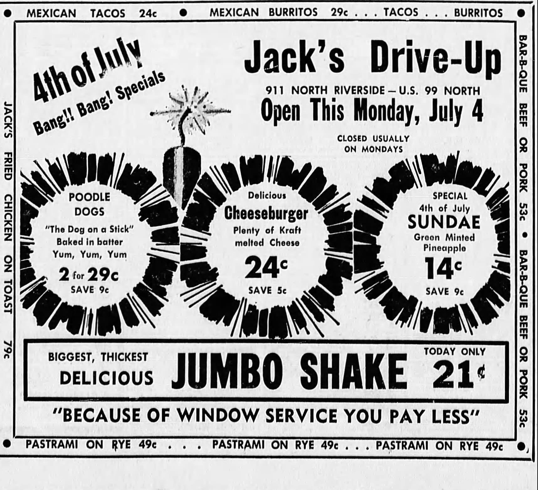 Jack’s Drive Up in Medford, OR (July 3, 1960) r/VintageMenus
