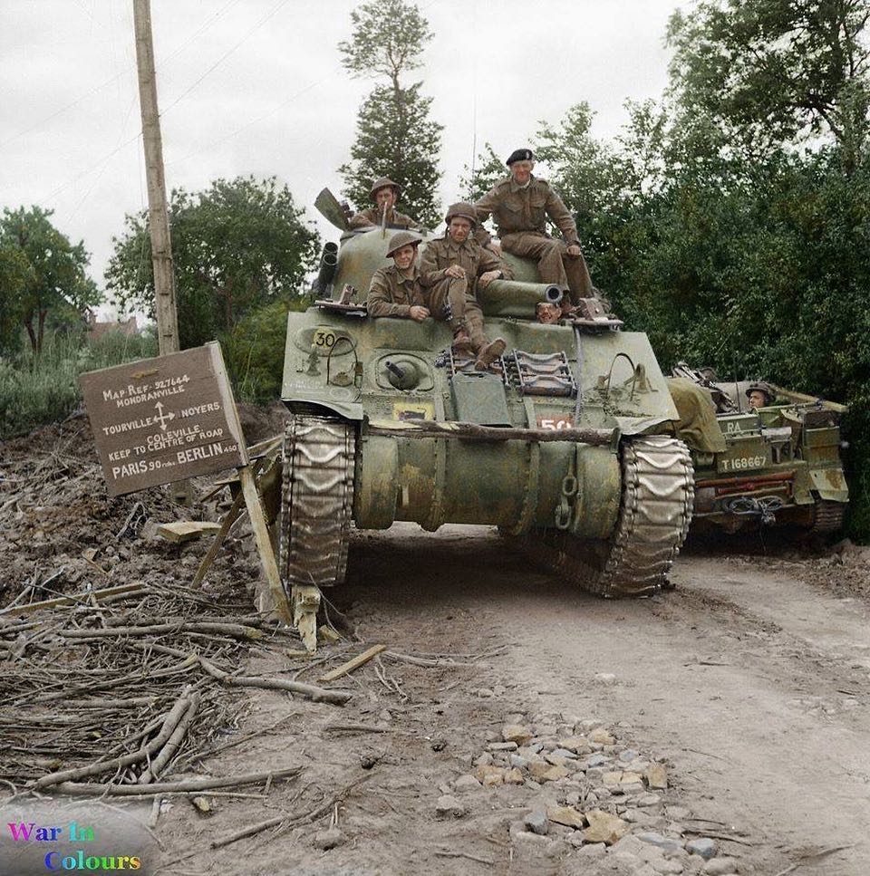 Colorized photo of a Sherman tank belonging to HQ 29th Armoured Brigade