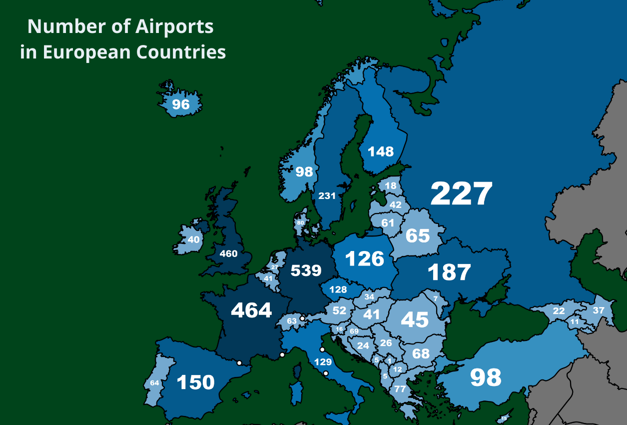 Number of Airports in European Countries r/Maps