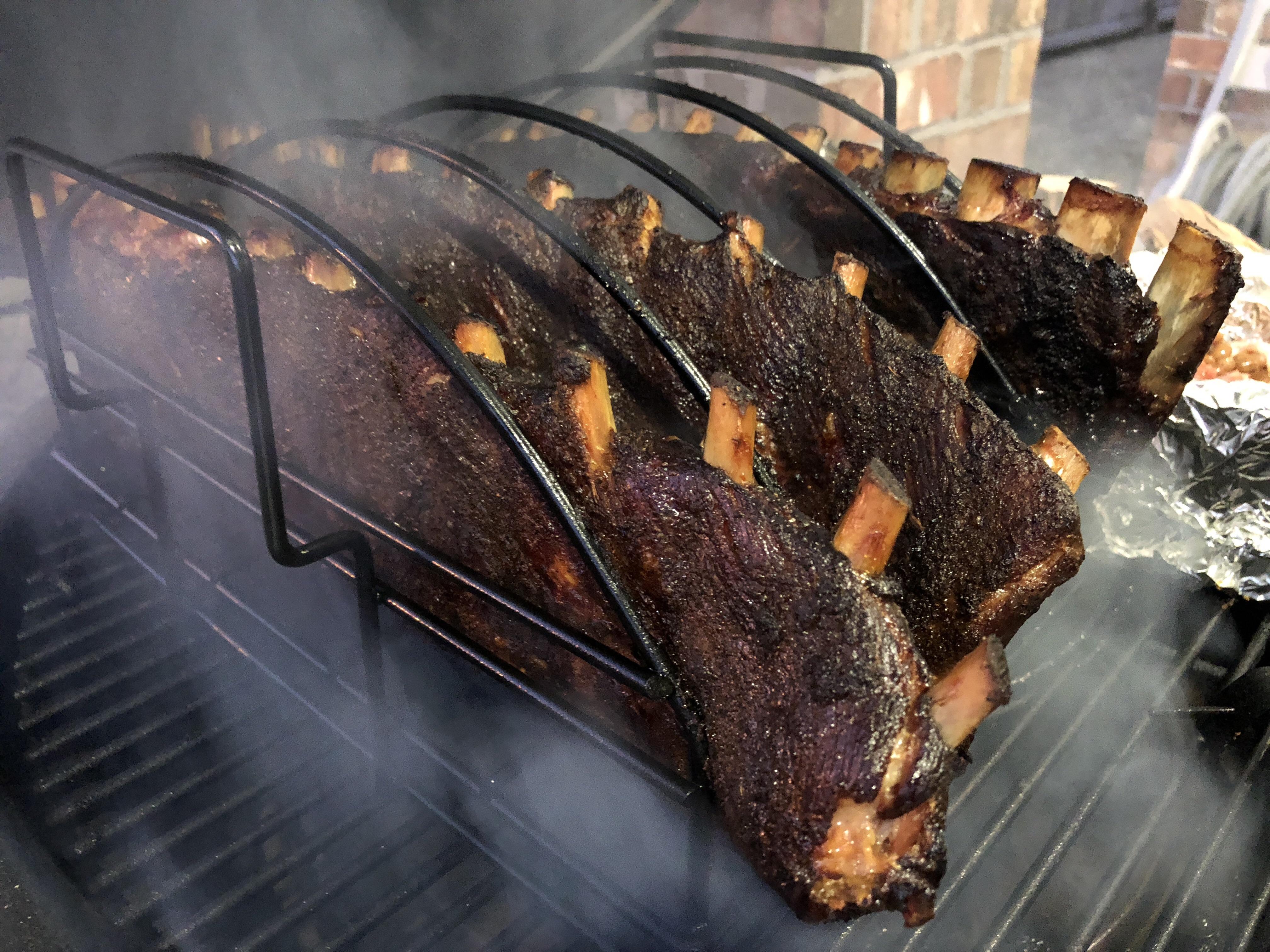 Pork ribs over Apple and cherry wood. Delicious, sweet and spicy bark