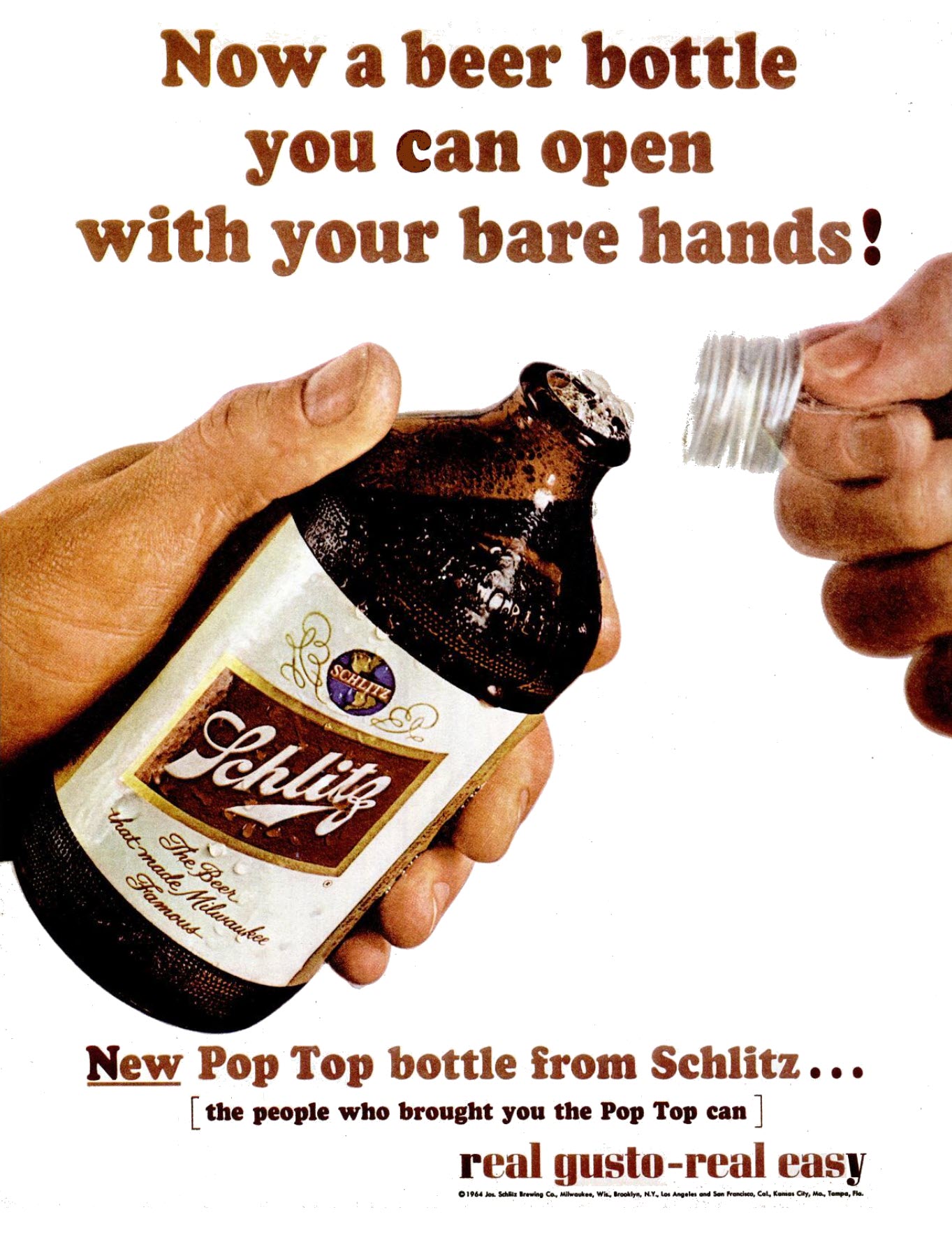 "Now a beer bottle you can open with your bare hands!", Schlitz, 1964 r/vintageads