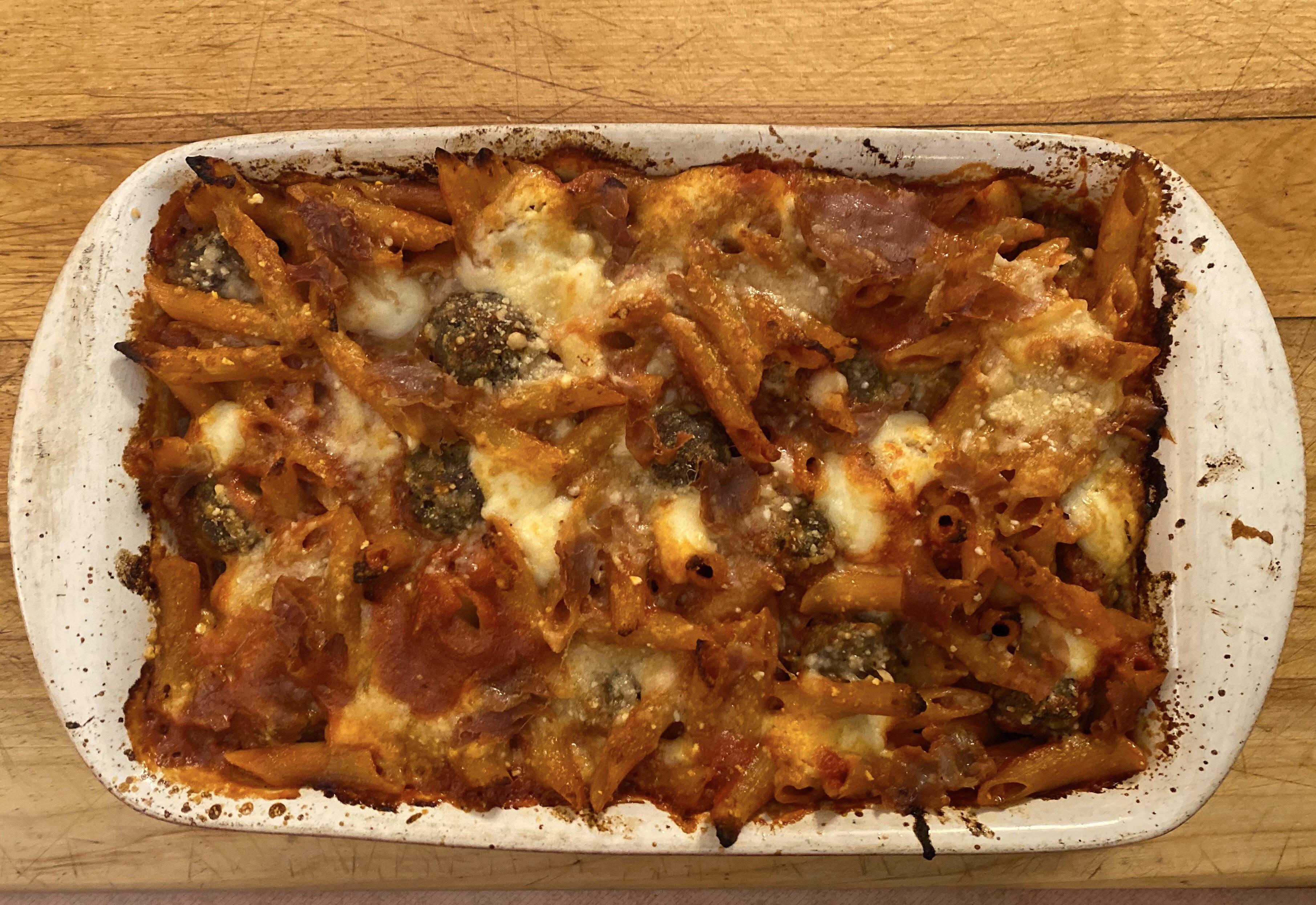 Baked ziti w/veal meatballs and prosciutto r/tonightsdinner