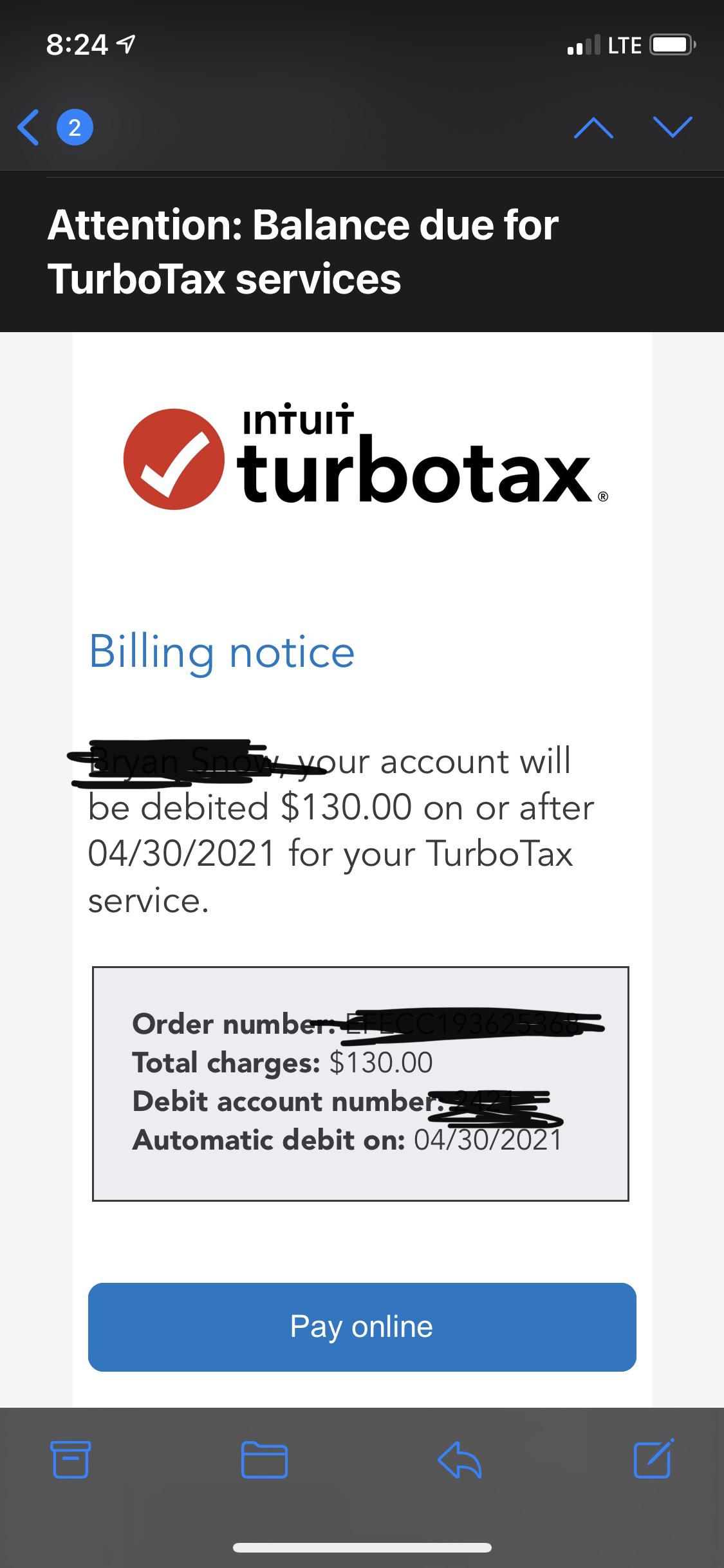 TurboTax to draft processing fees from bank account instead of return