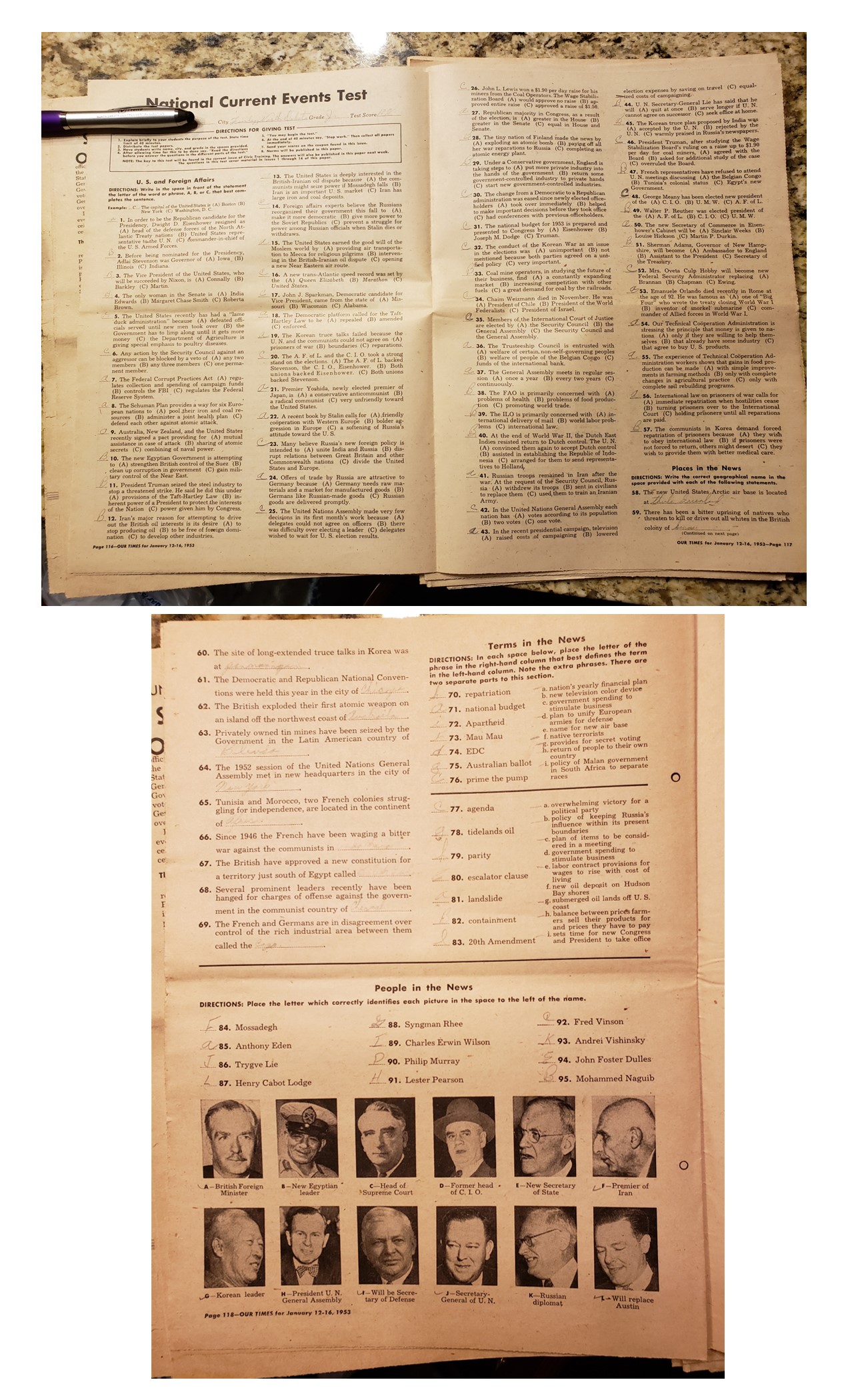 National current events test my Grandpa completed in his Finley, ND