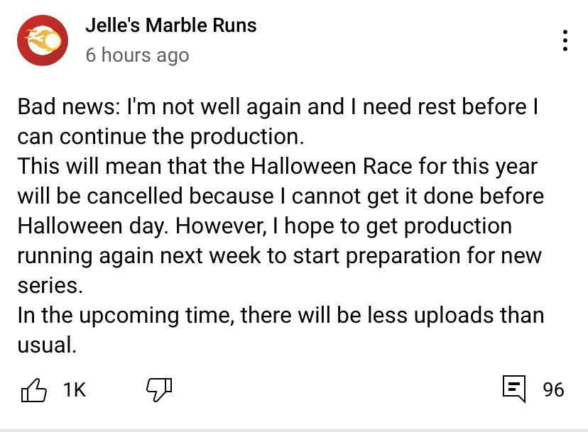 2021 Halloween race has been cancelled r/JellesMarbleRuns
