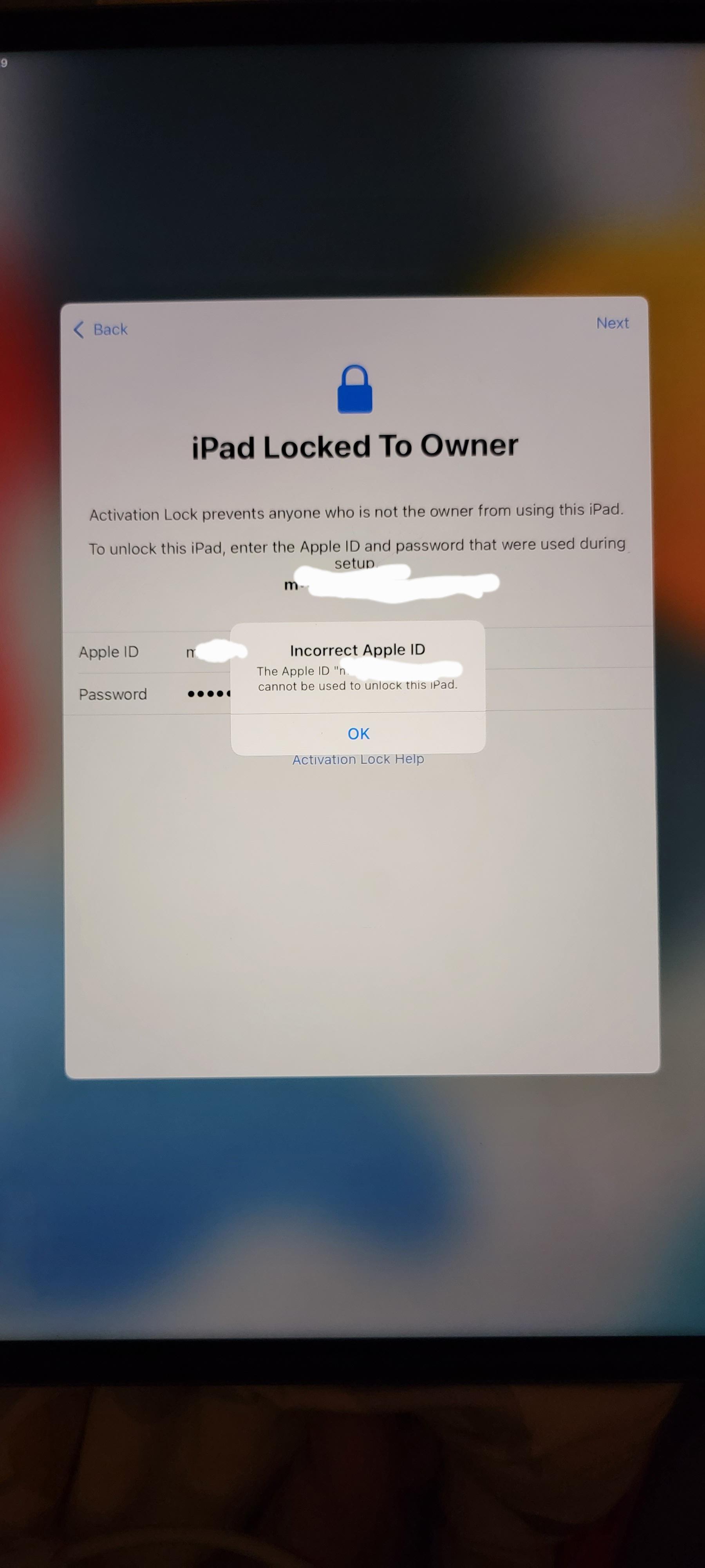 My IPad, that I factory reset, wont let me unlock it with the same