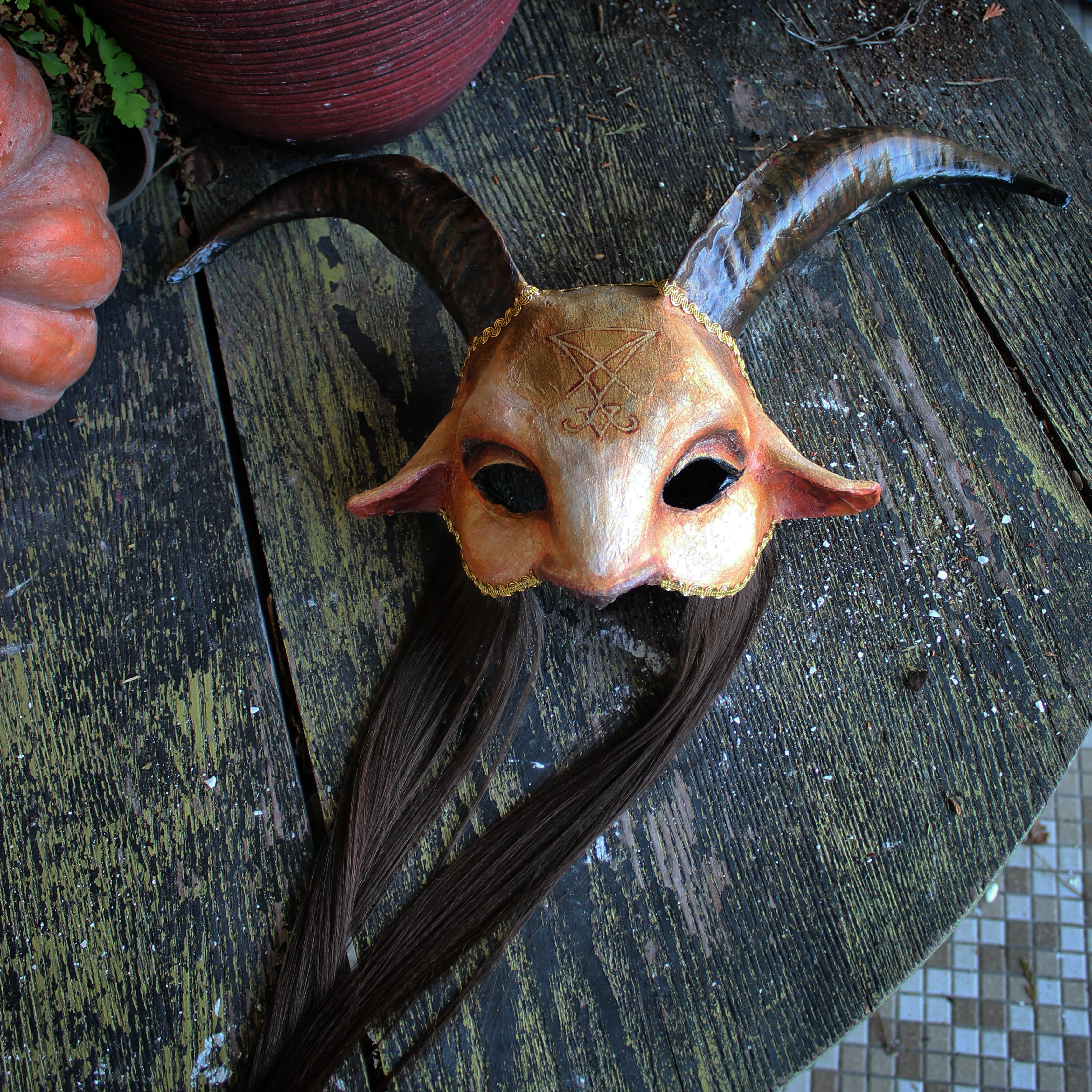 My first style goat mask, paper mache r/Masks