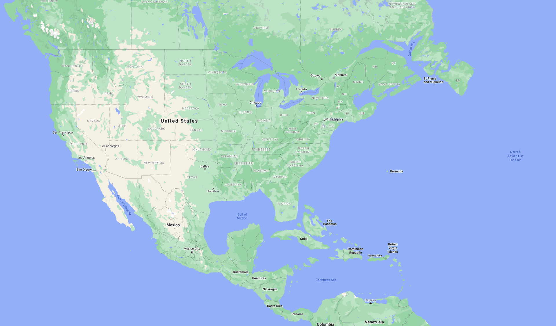 The US & Caribbean in Google Maps, but the sea level is 130m lower r