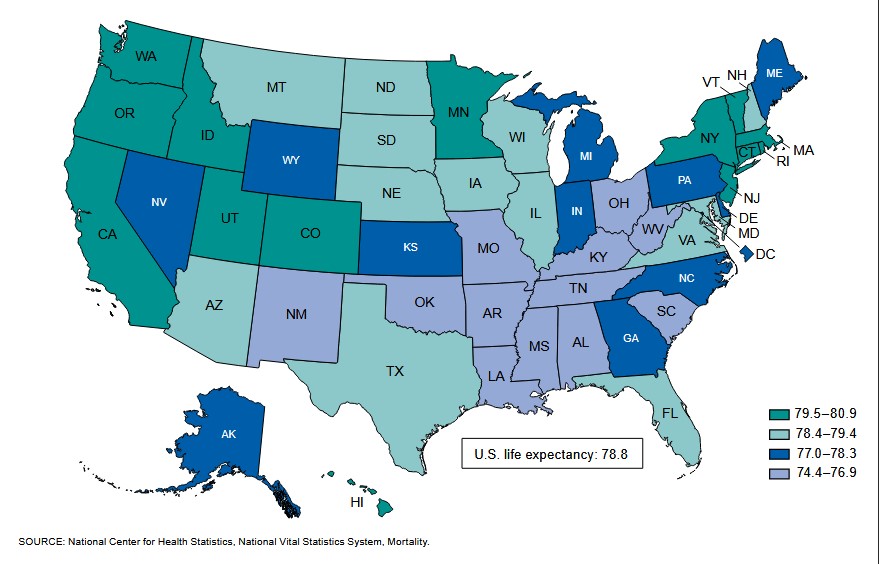 Life Expectancy At Birth US Map 2019 CDC National Vital Statistics