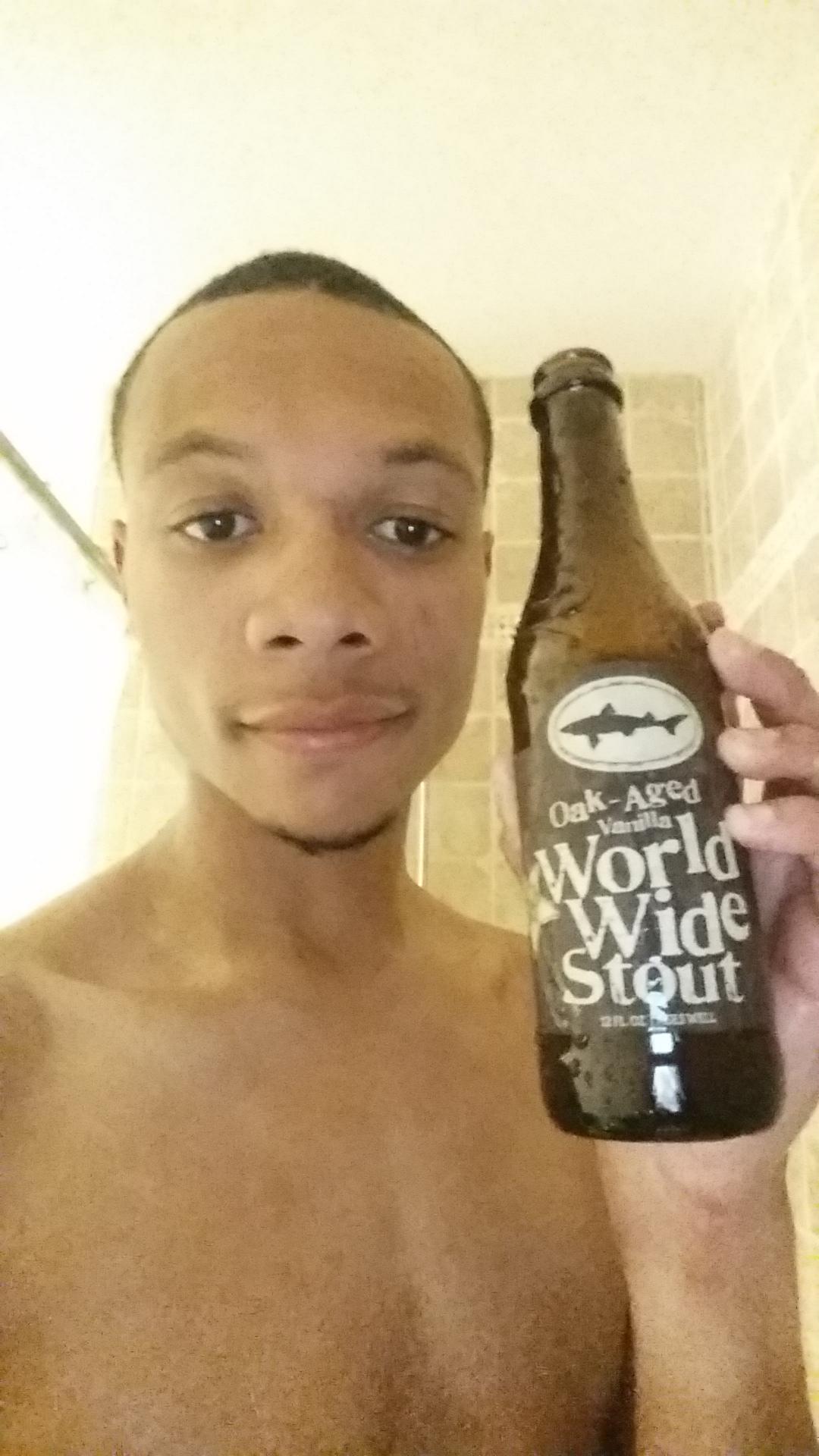 A little gift for myself. Dogfish Head world wide stout. r/showerbeer
