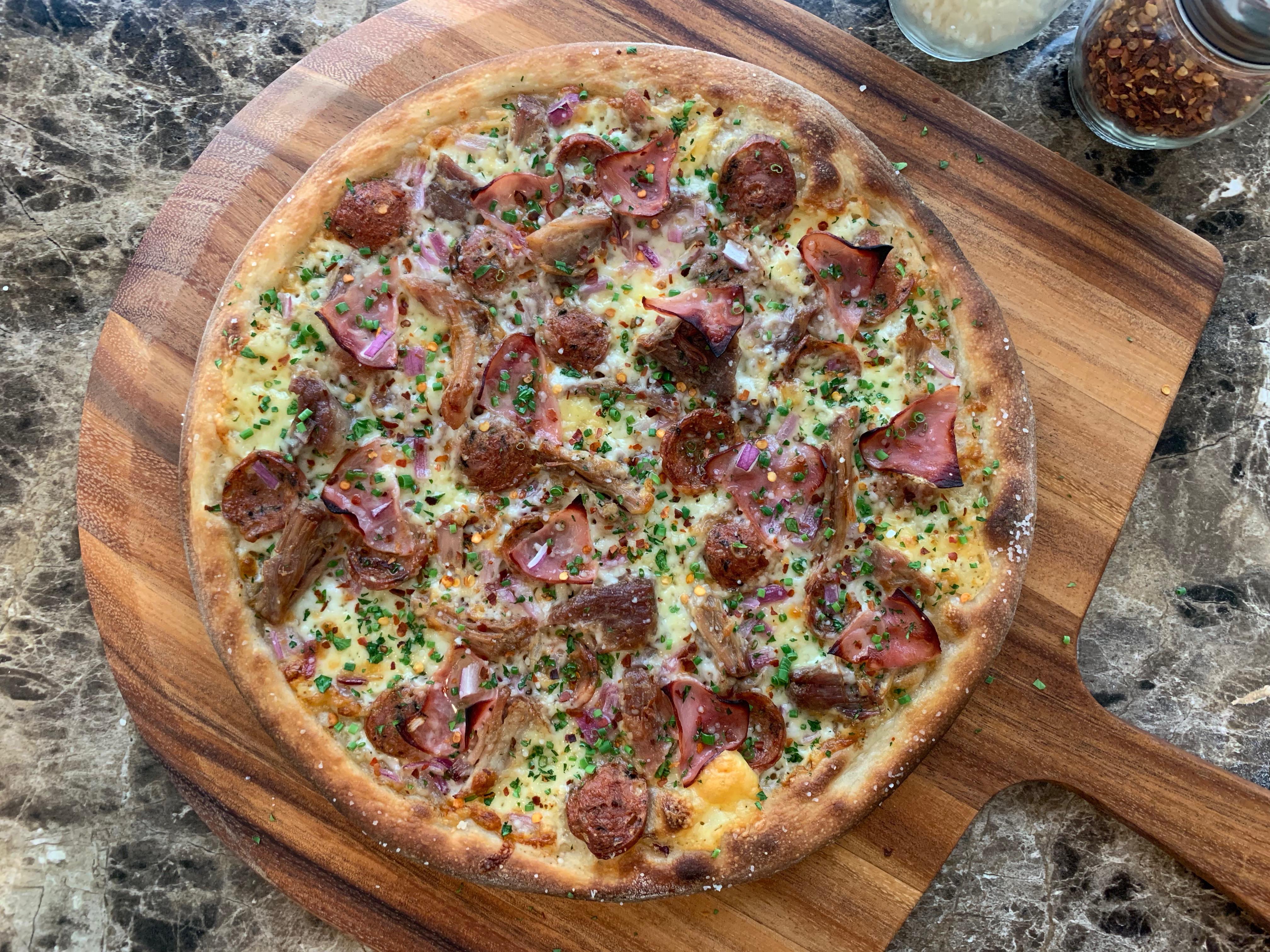 Pork shoulder, pork sausage, black forest ham. r/Pizza