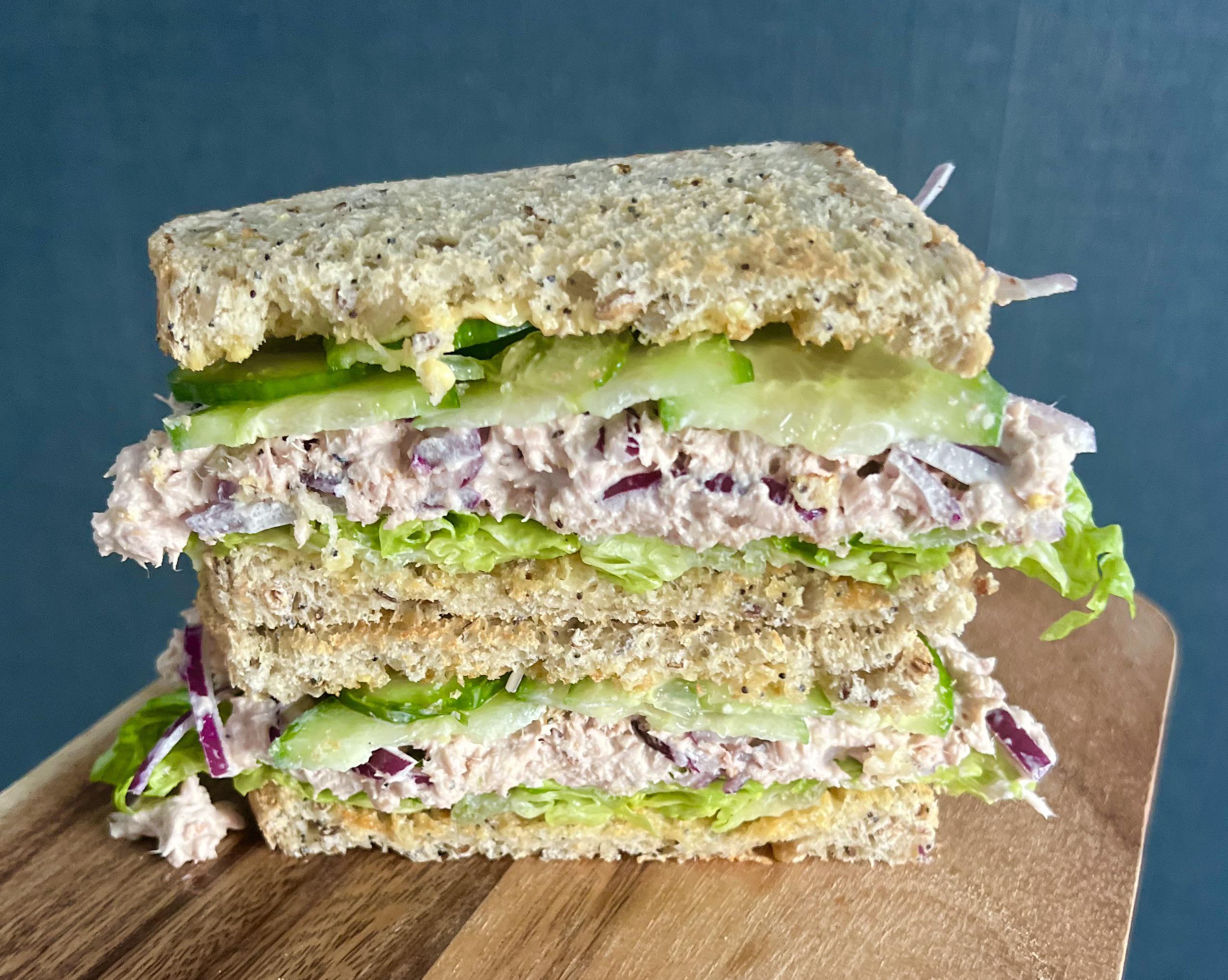 Tuna mayo with red onion, cucumber and lettuce on toasted wholemeal