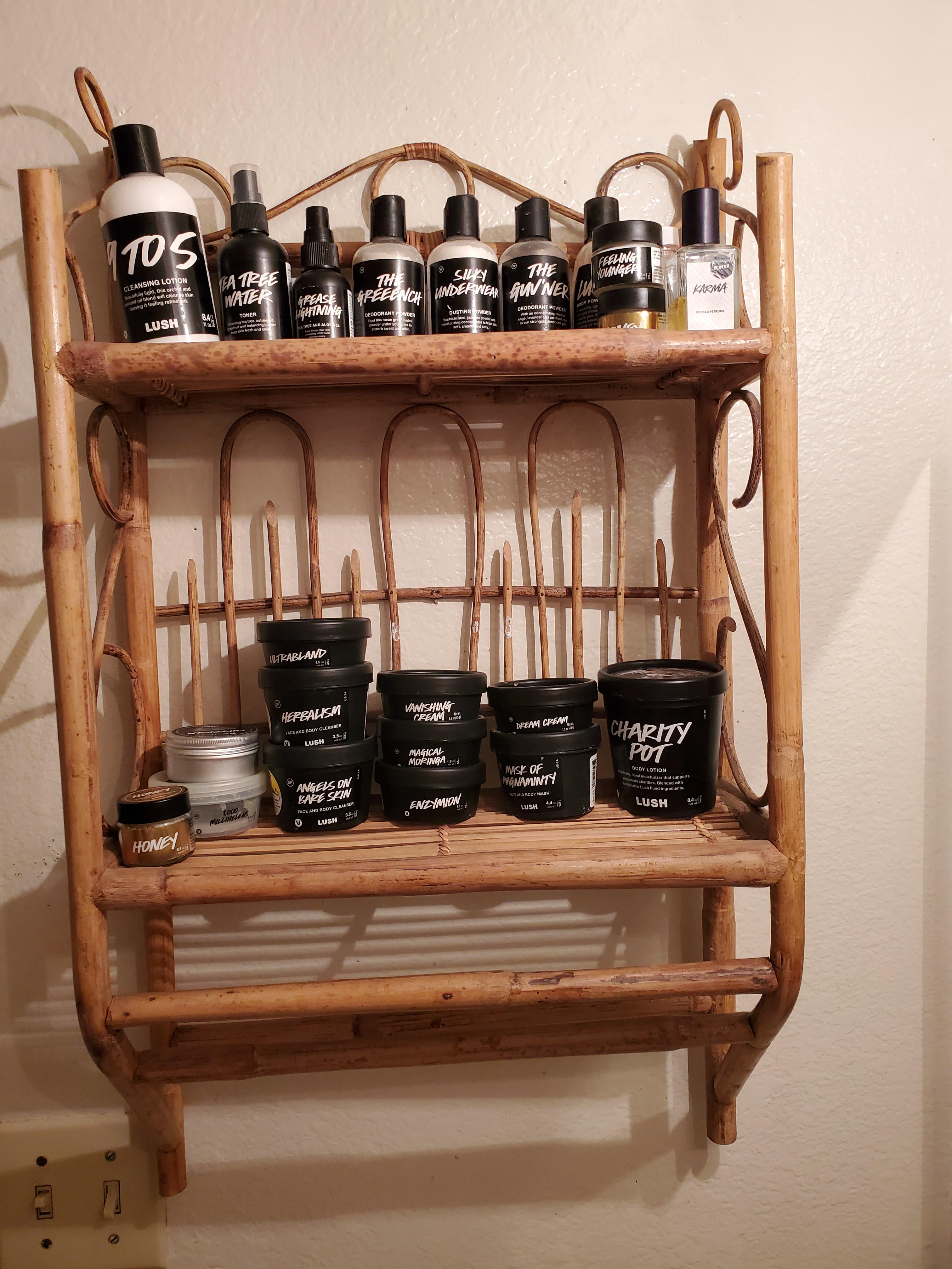 Put up this (thrift store found) shelf to hold our Lush collection