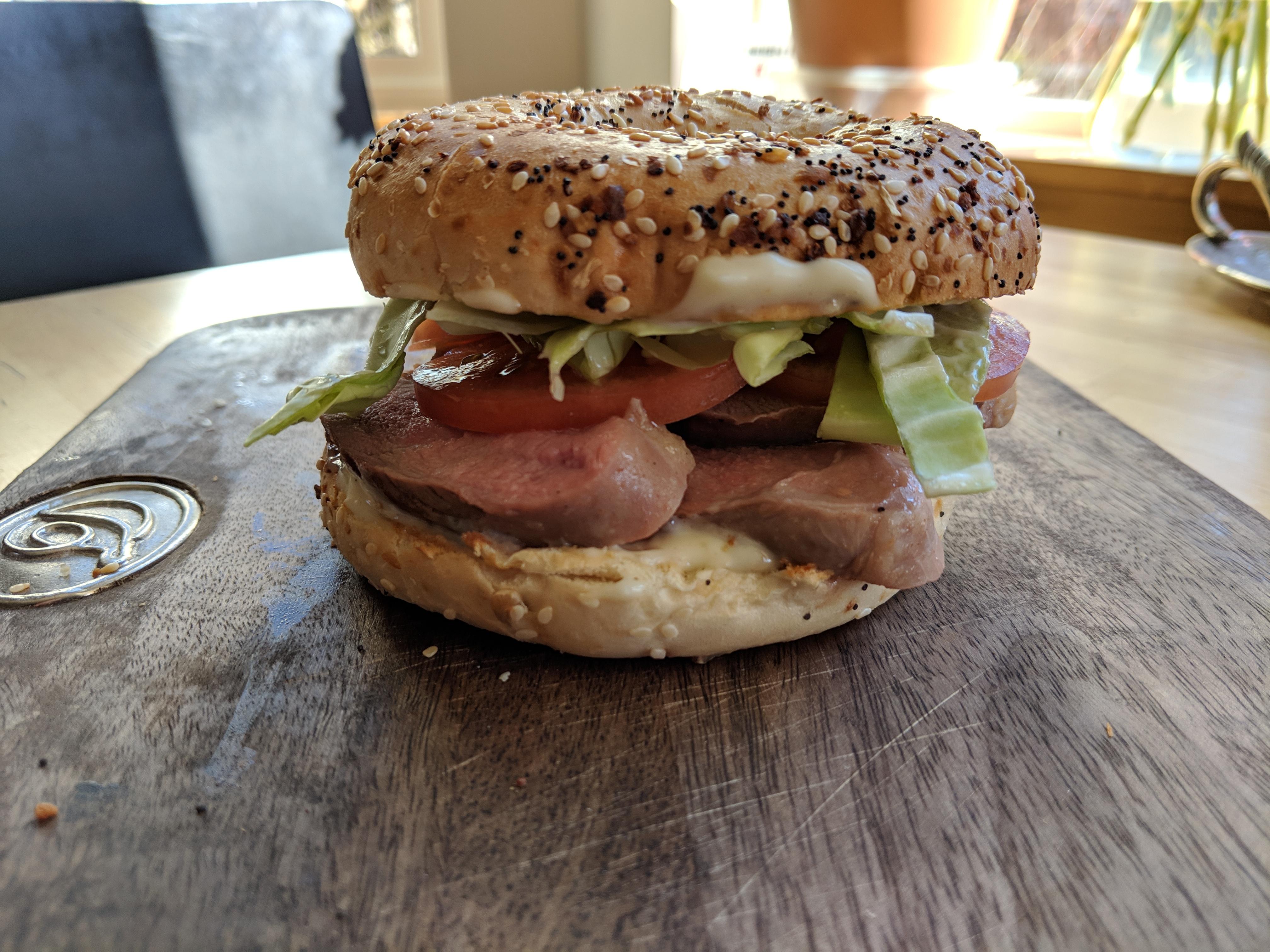 DLT Duck Lettuce and Tomato, on Everything Bagel, with salted Duckfat