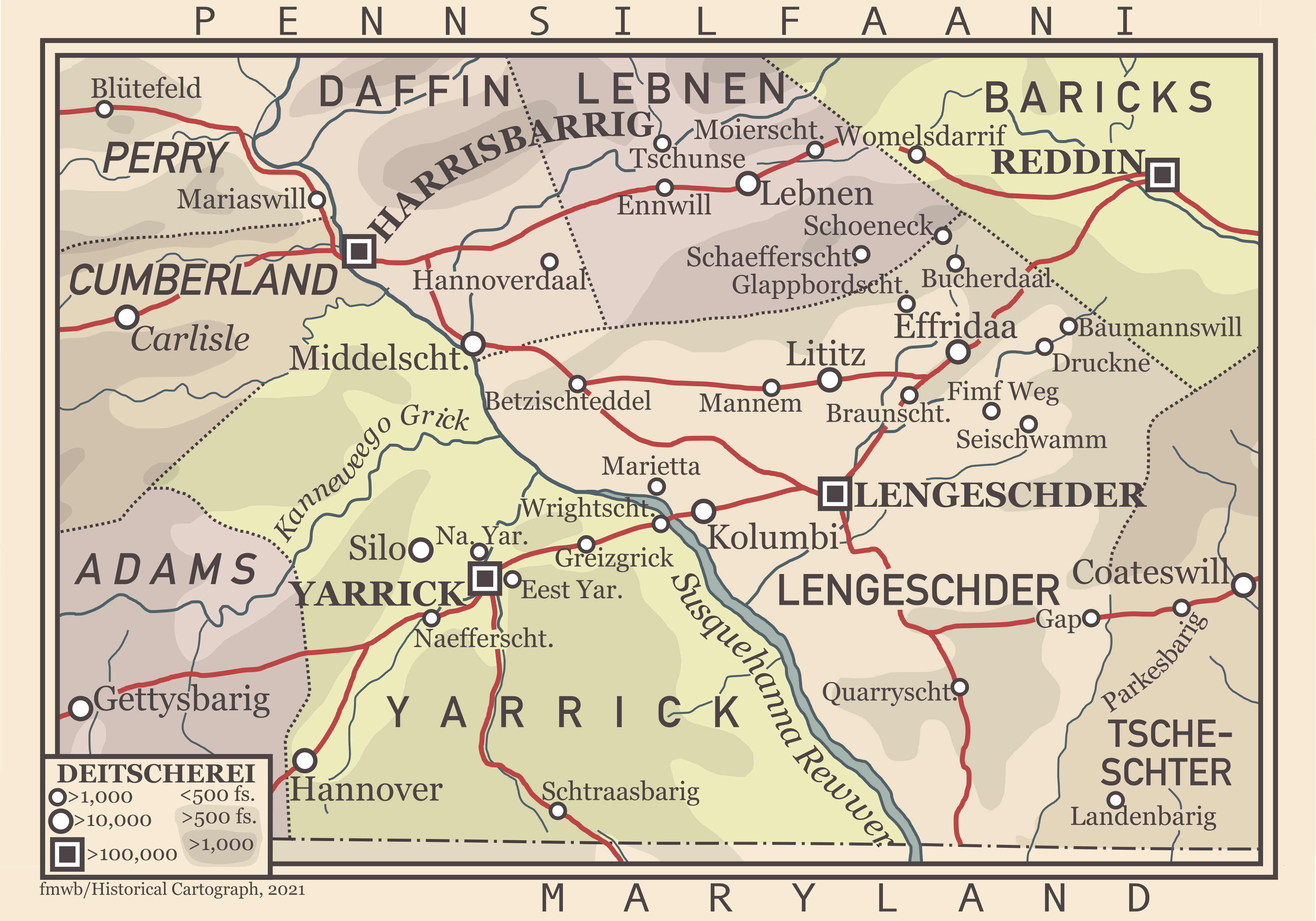 Map of Pennsylvania Dutch Country in Pennsylvania German [OC] r/MapPorn