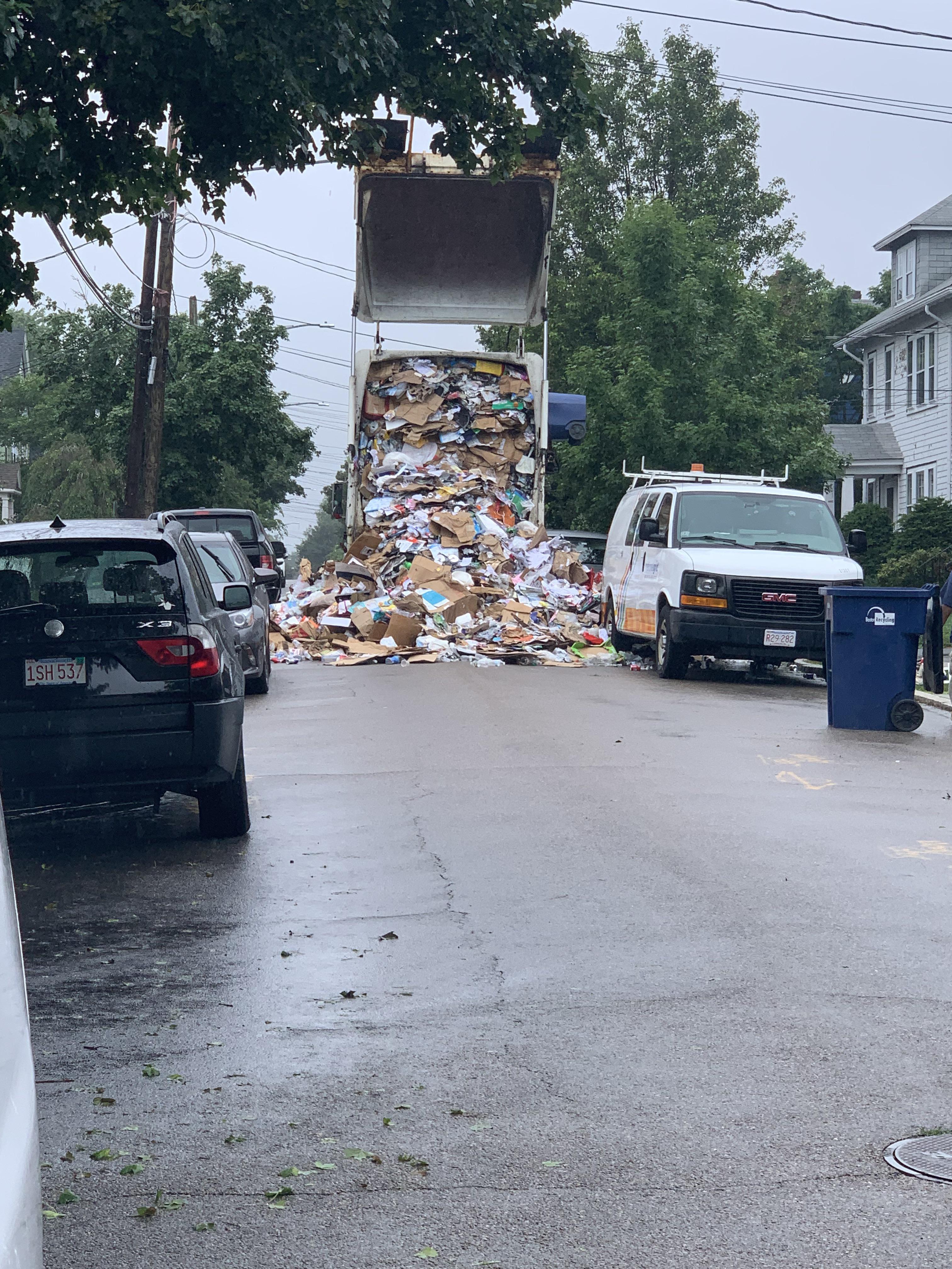 One of the recycling trucks apparently had an upset tummy today in West Roxbury r/boston